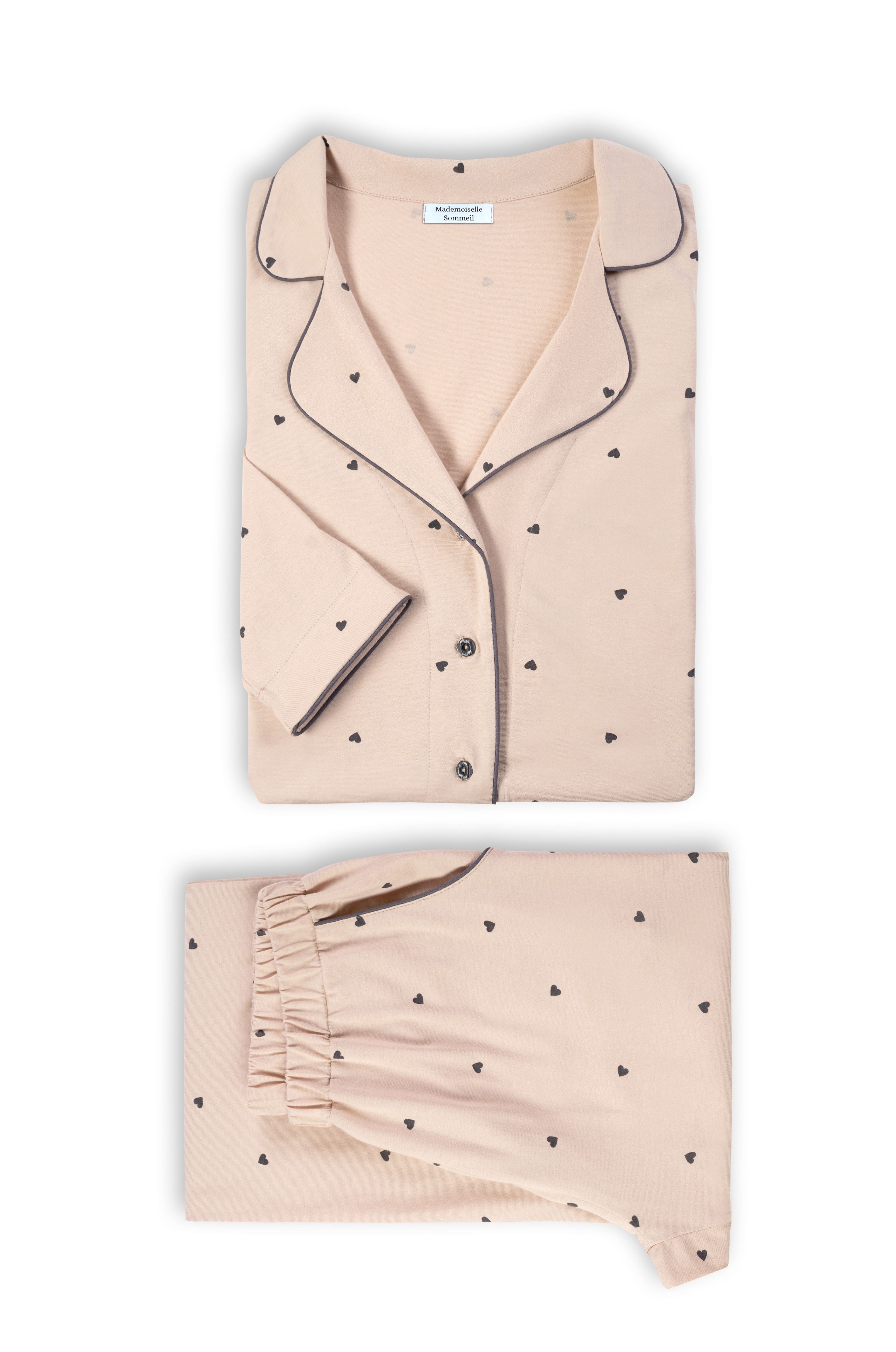 Damen Pyjama in Creme mit Herzchen-Muster