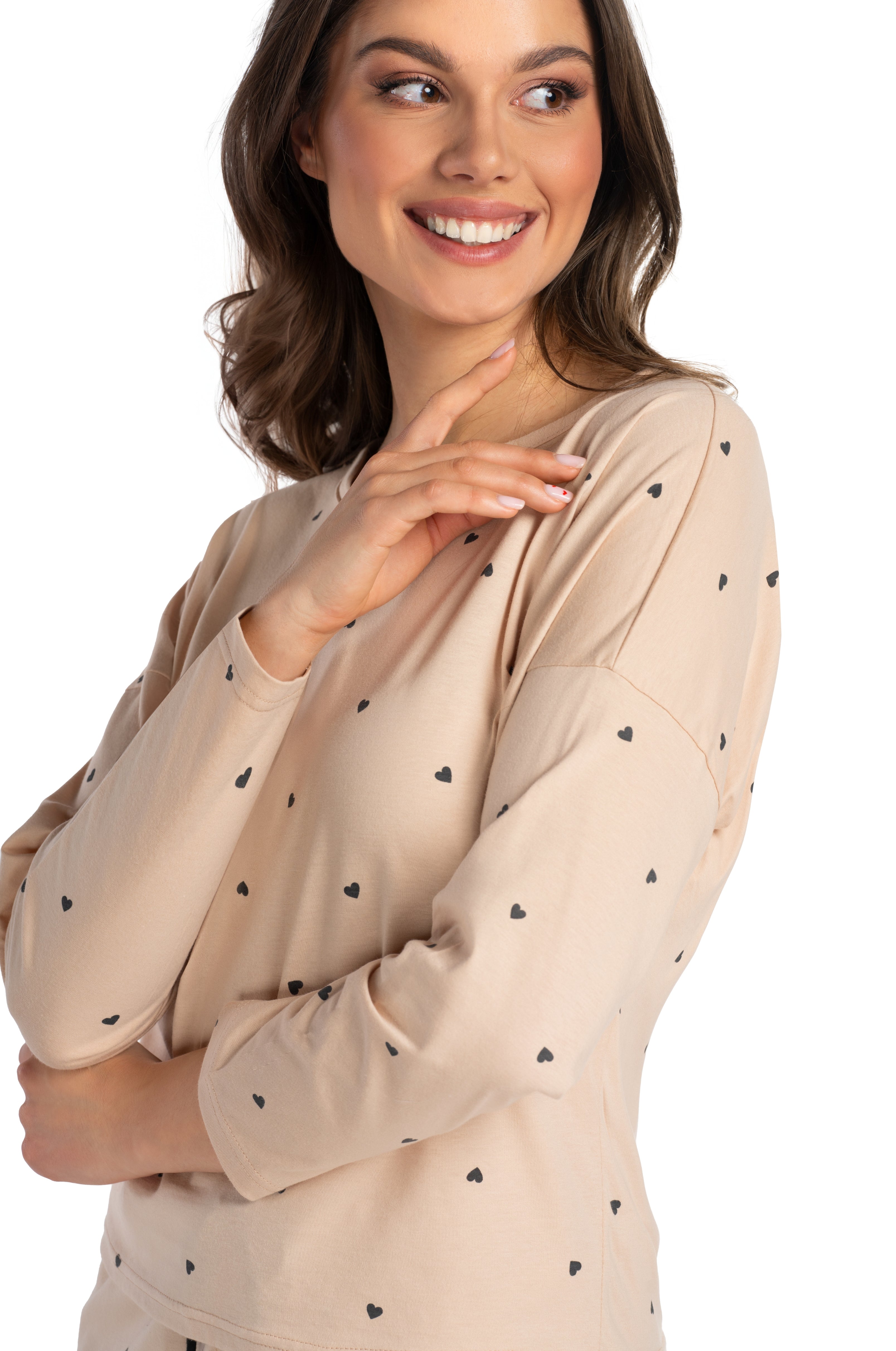 Langarm-Shorty-Pyjama-Beige-Herzenprint-Oberteil-Detail