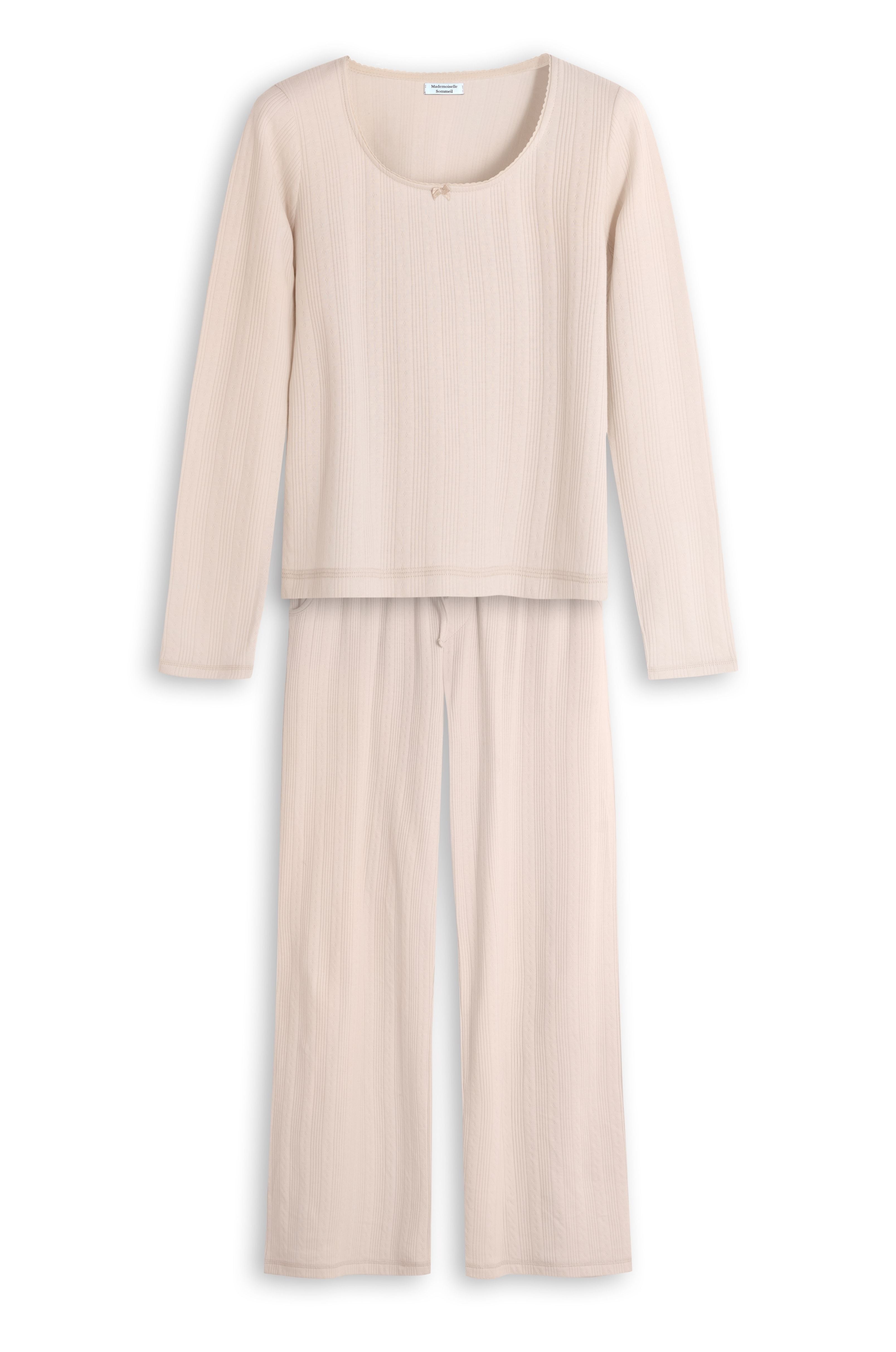Pointelle-Pyjama für Damen in Beige – Langarm & lange Hose