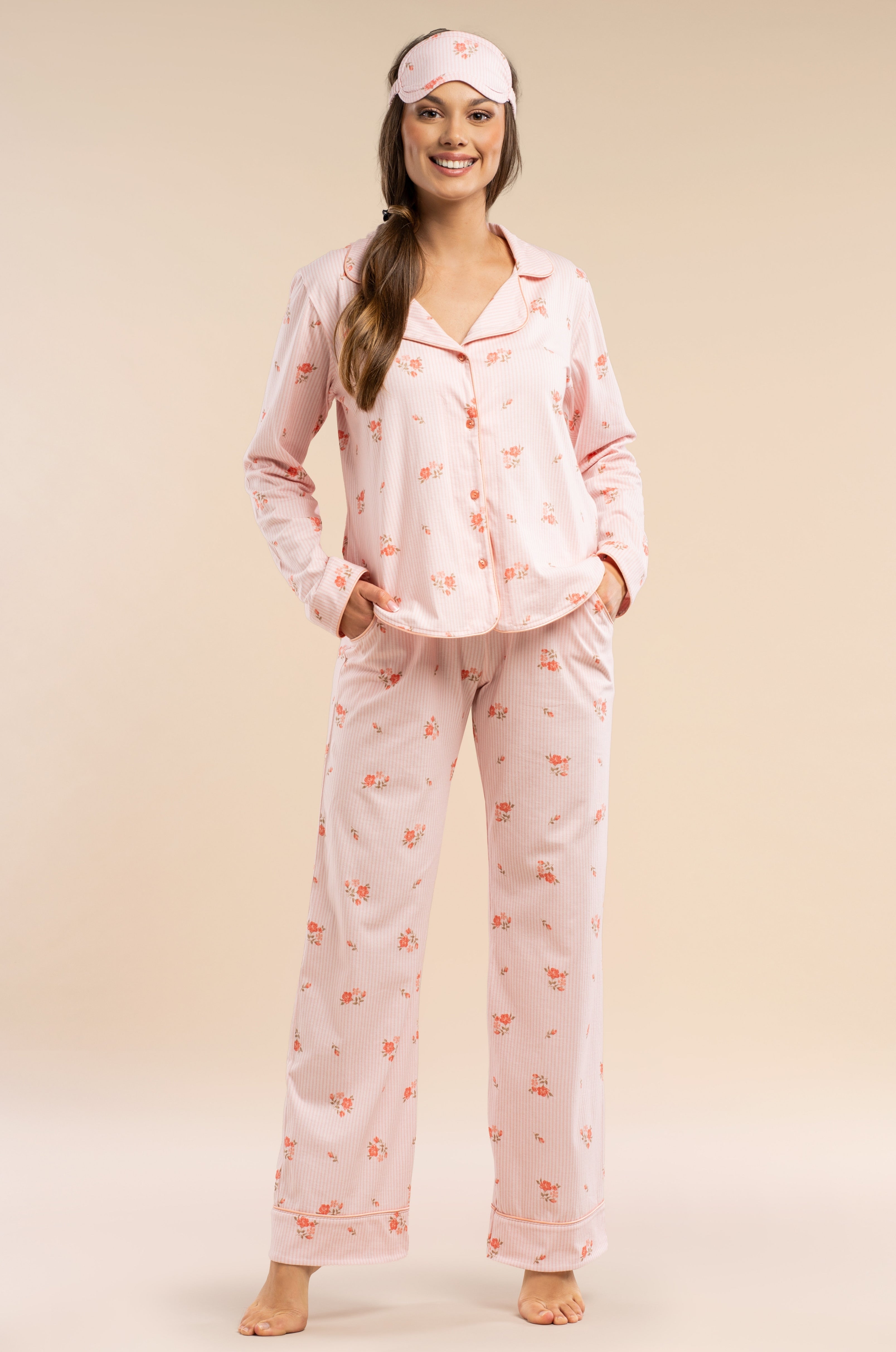 Pyjama in Rosé aus 100 % Baumwolle mit Blütenprint & Paspeln