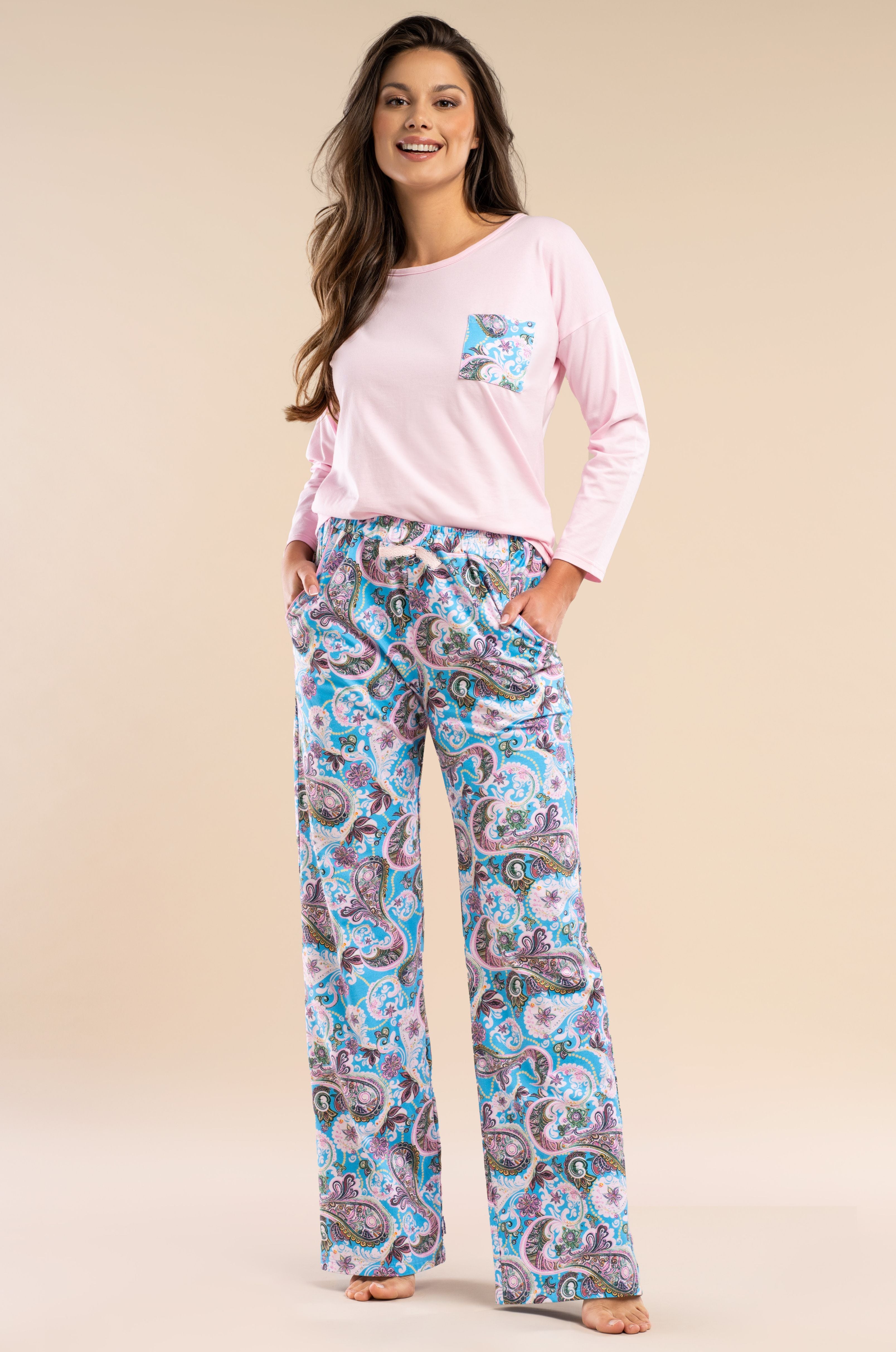 Langarm-Pyjama in Rosa mit Paisley-Hose (Baumwolle & Stretch)