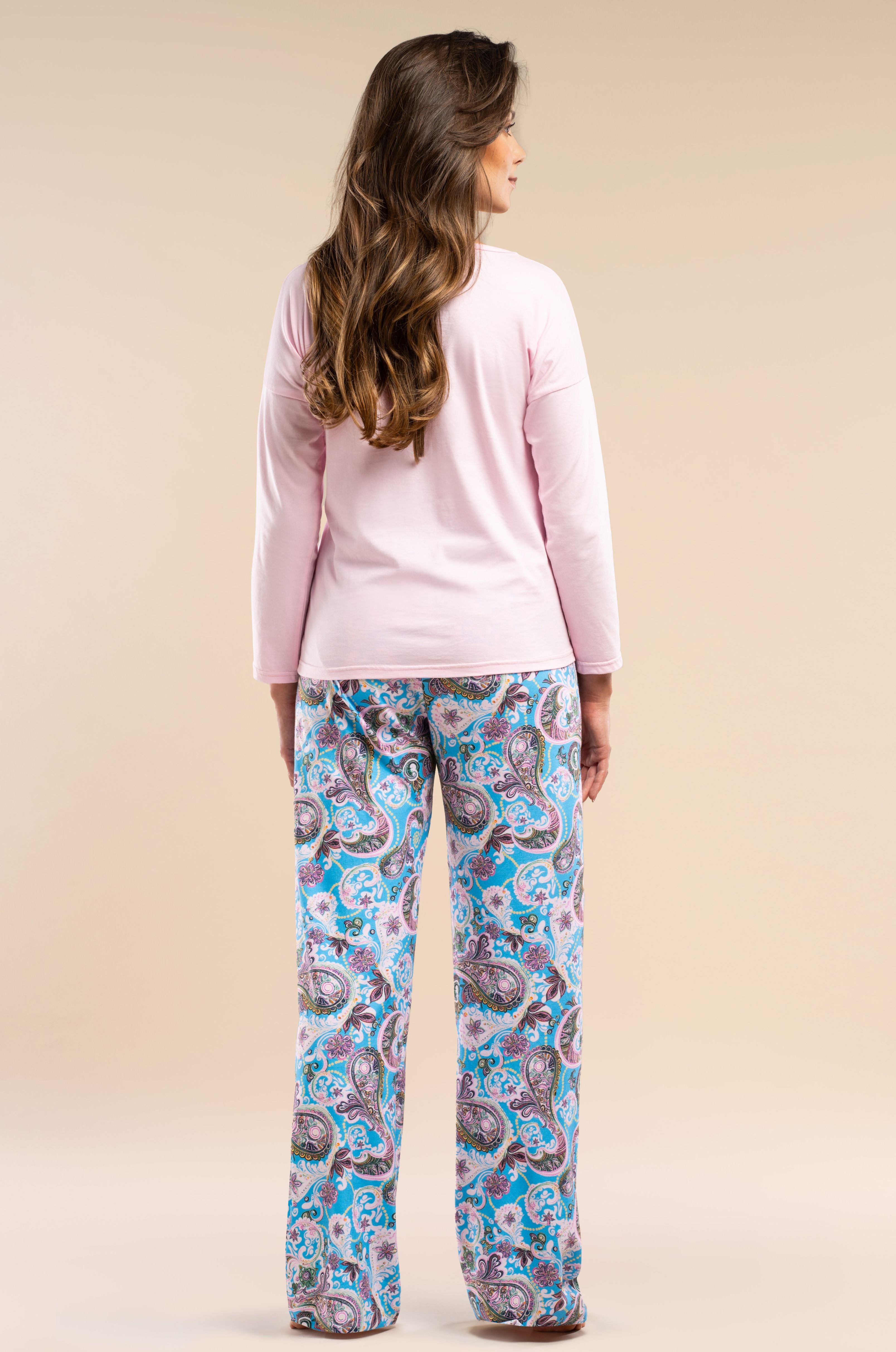 Langarm-Pyjama in Rosa mit Paisley-Hose (Baumwolle & Stretch)