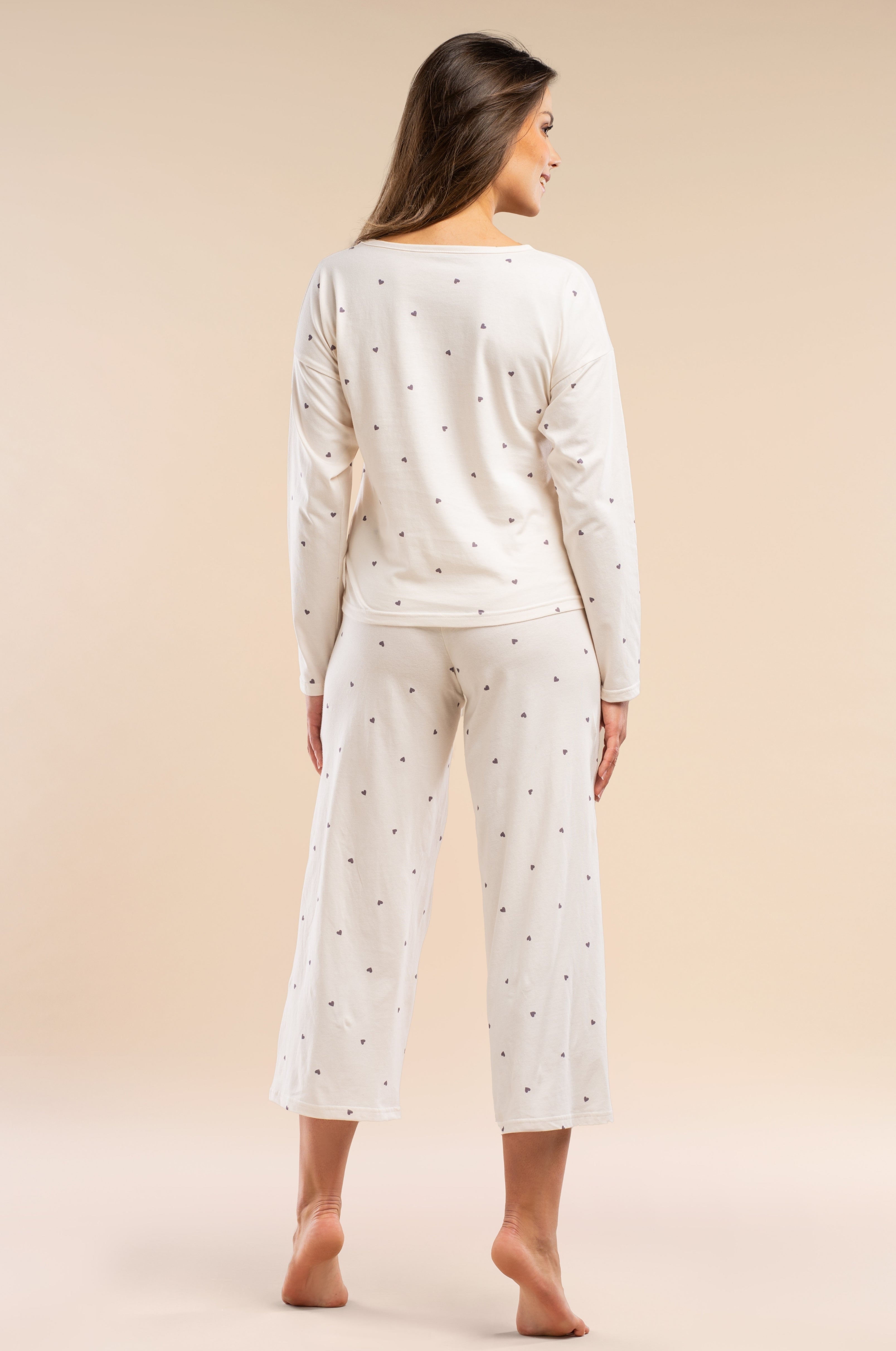 Langarm-Pyjama aus Baumwolle mit Herzchenprint, 7/8-Hose (Creme/Dunkelgrau)