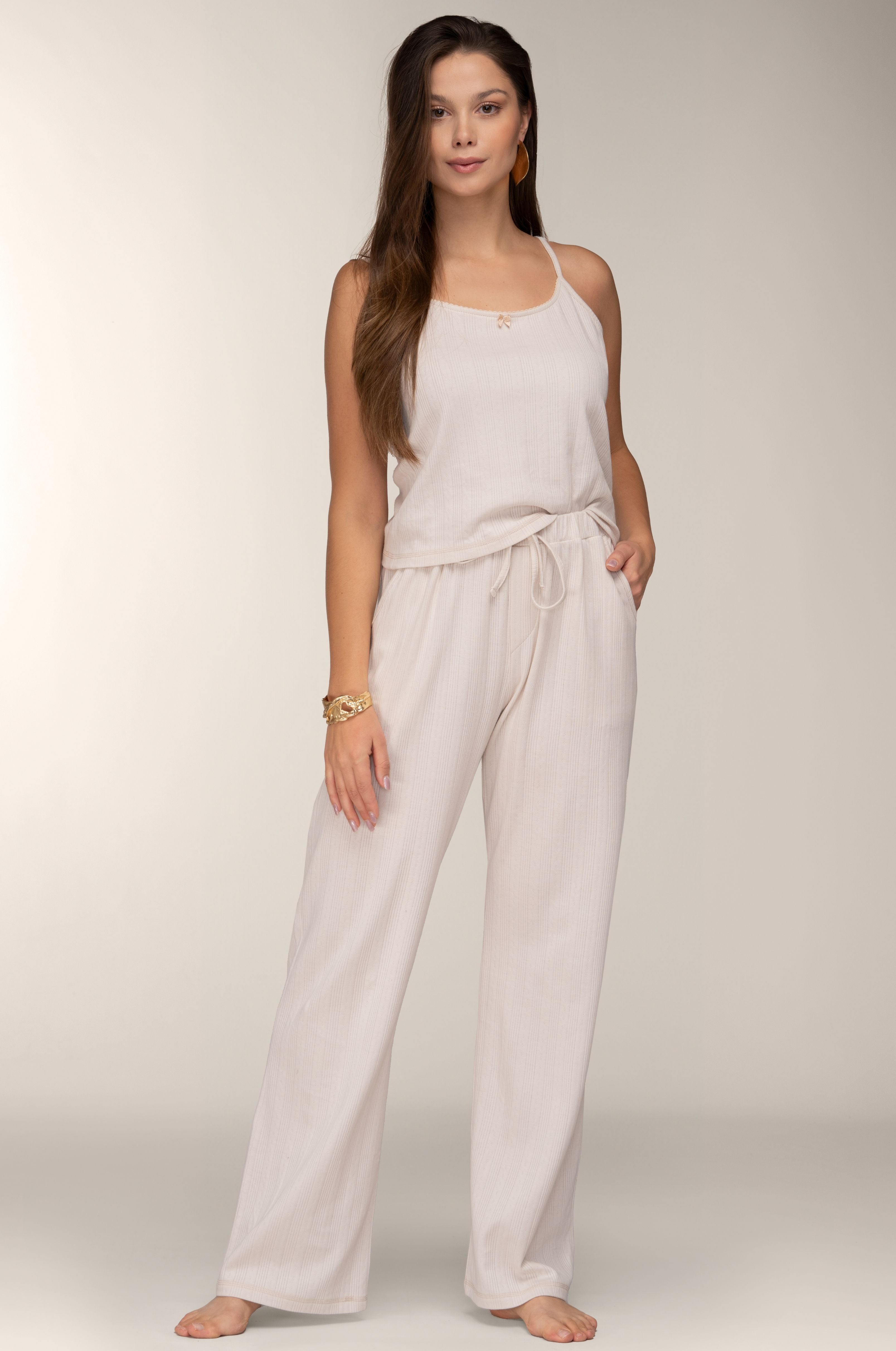 Camisole-Pyjama in Creme aus Pointelle-Baumwolle