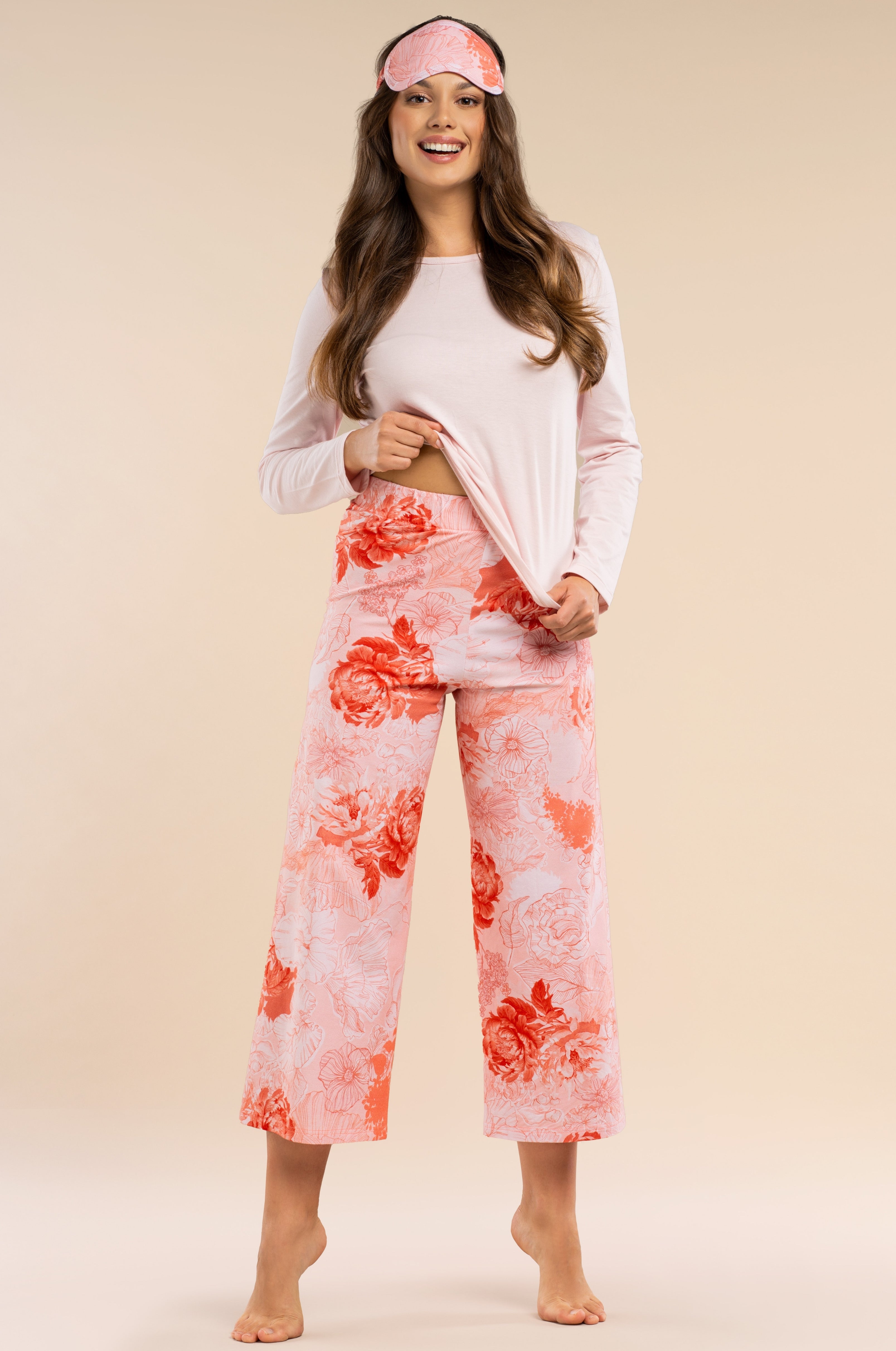 Langarm-Pyjama in Rosé mit floraler 7/8-Culotte (Baumwolle/Baumwollmix)