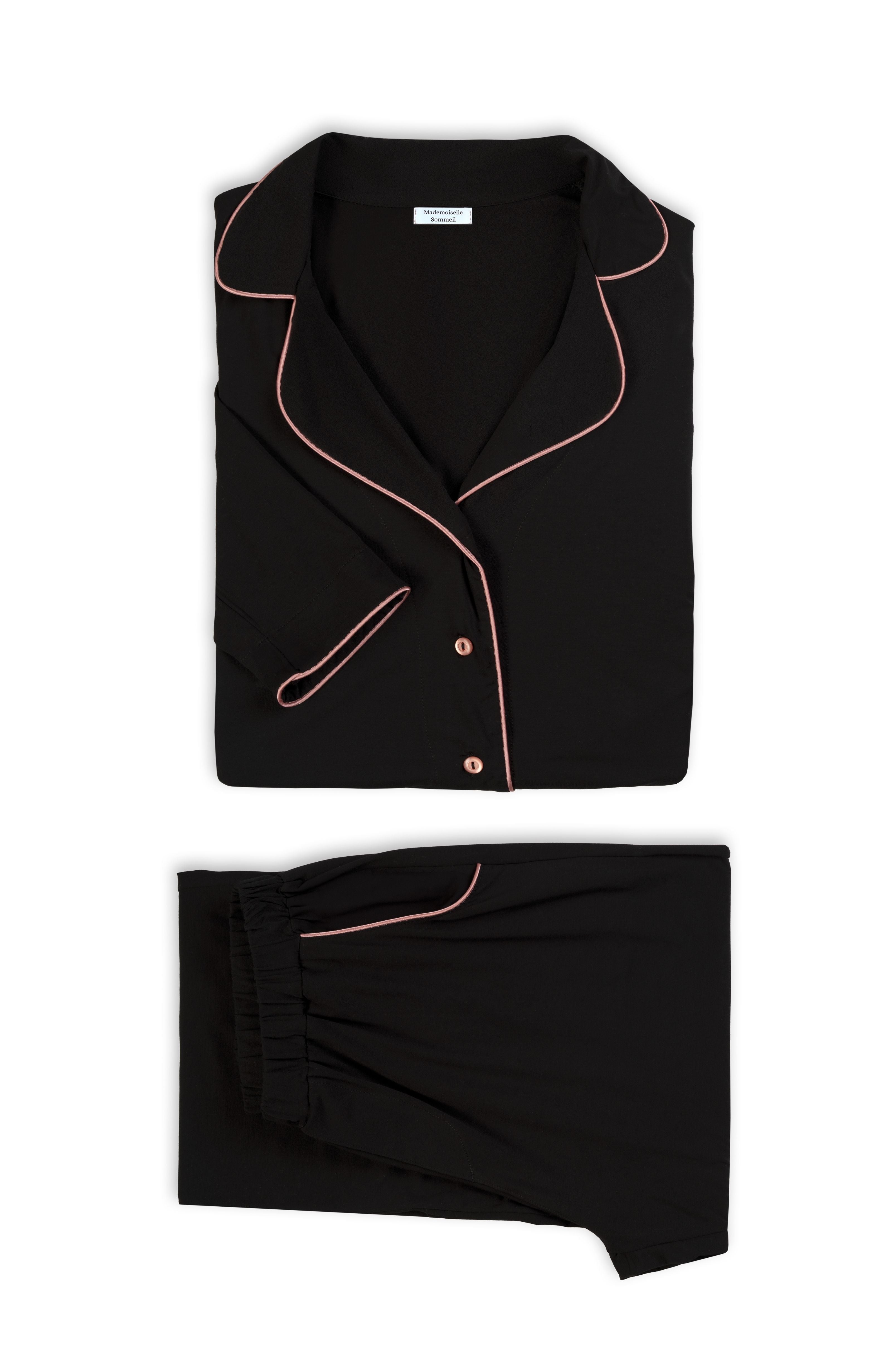 Damen Pyjama – EcoVero™ Viskose, Schwarz mit roséfarbener Paspel