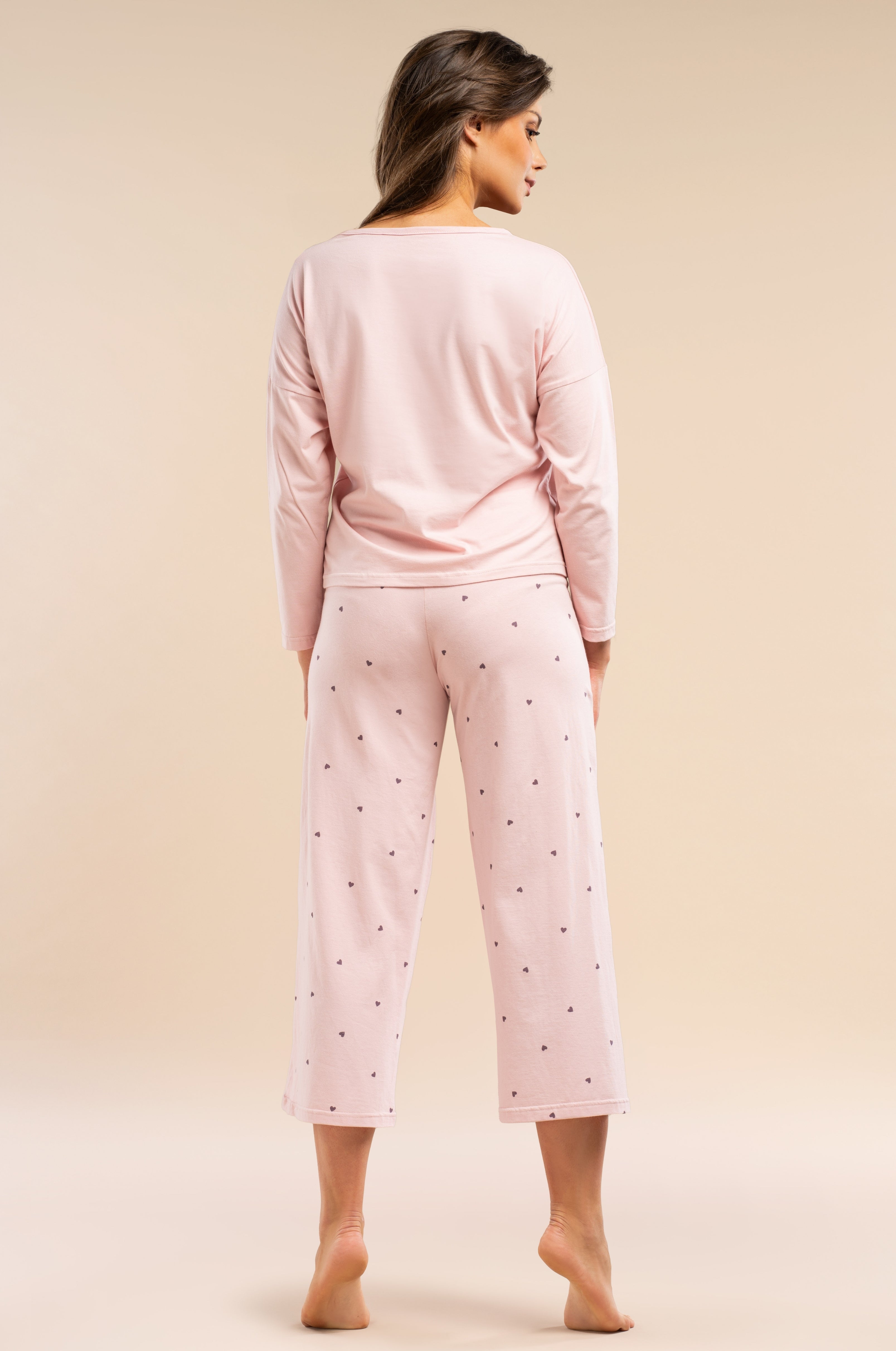 Langarm-Pyjama in Rosé aus Baumwolle mit Herzprint