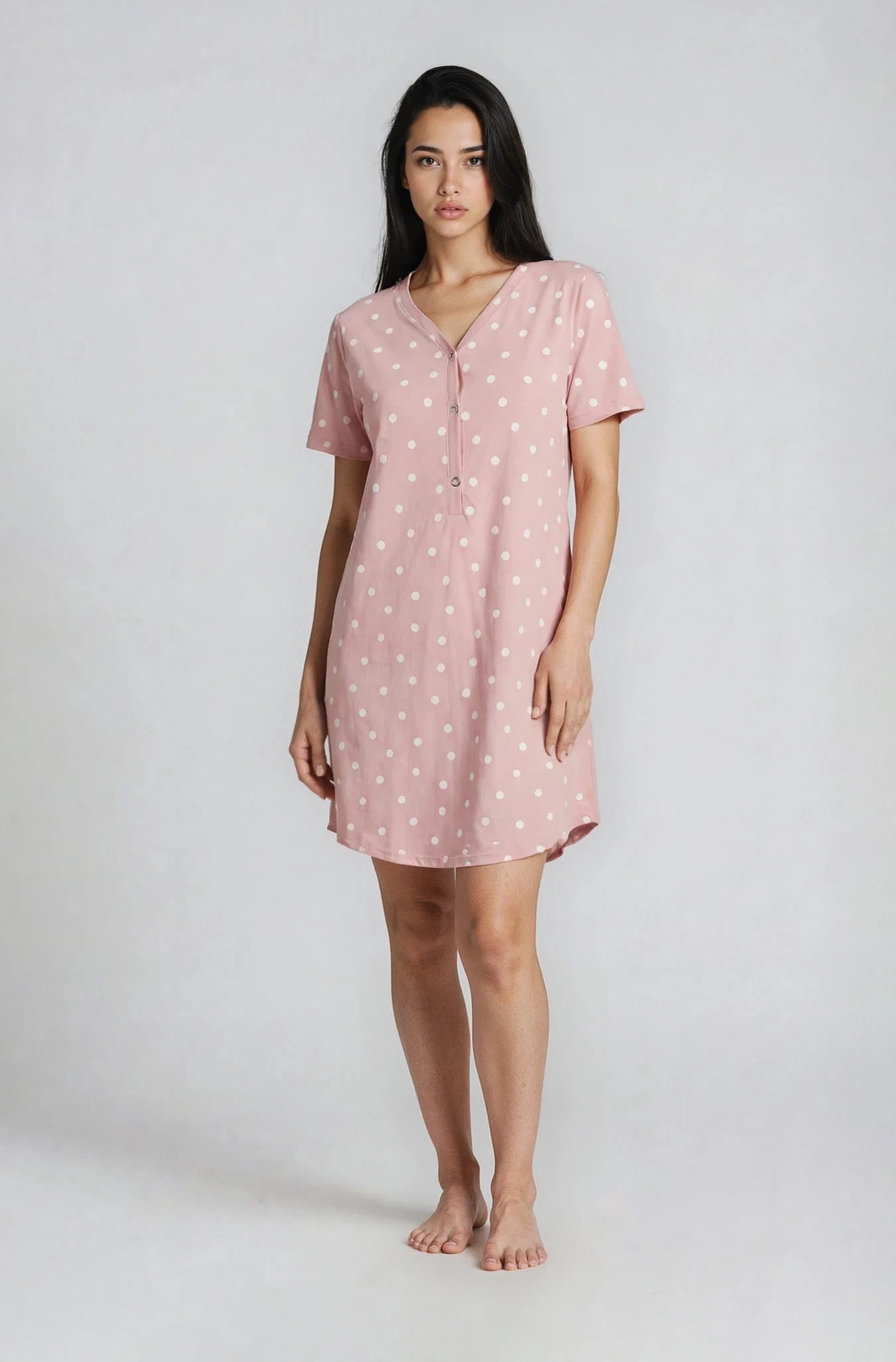 Kurzarm-Baumwoll-Nachthemd-Damen-Altrosa-Punkte-Frontansicht
