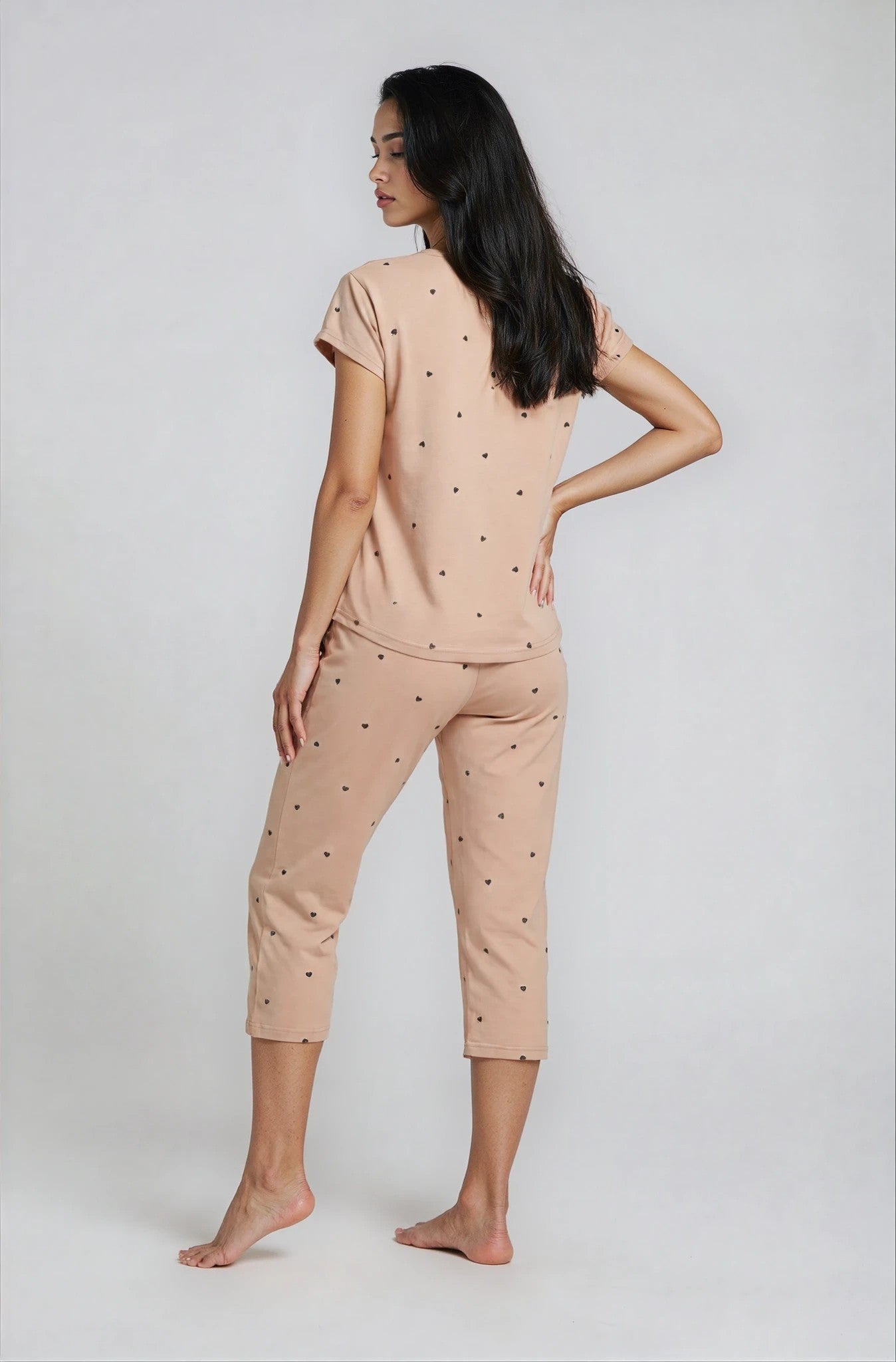 Capri-Pyjama-Damen-Beige-Herzen-Rückansicht