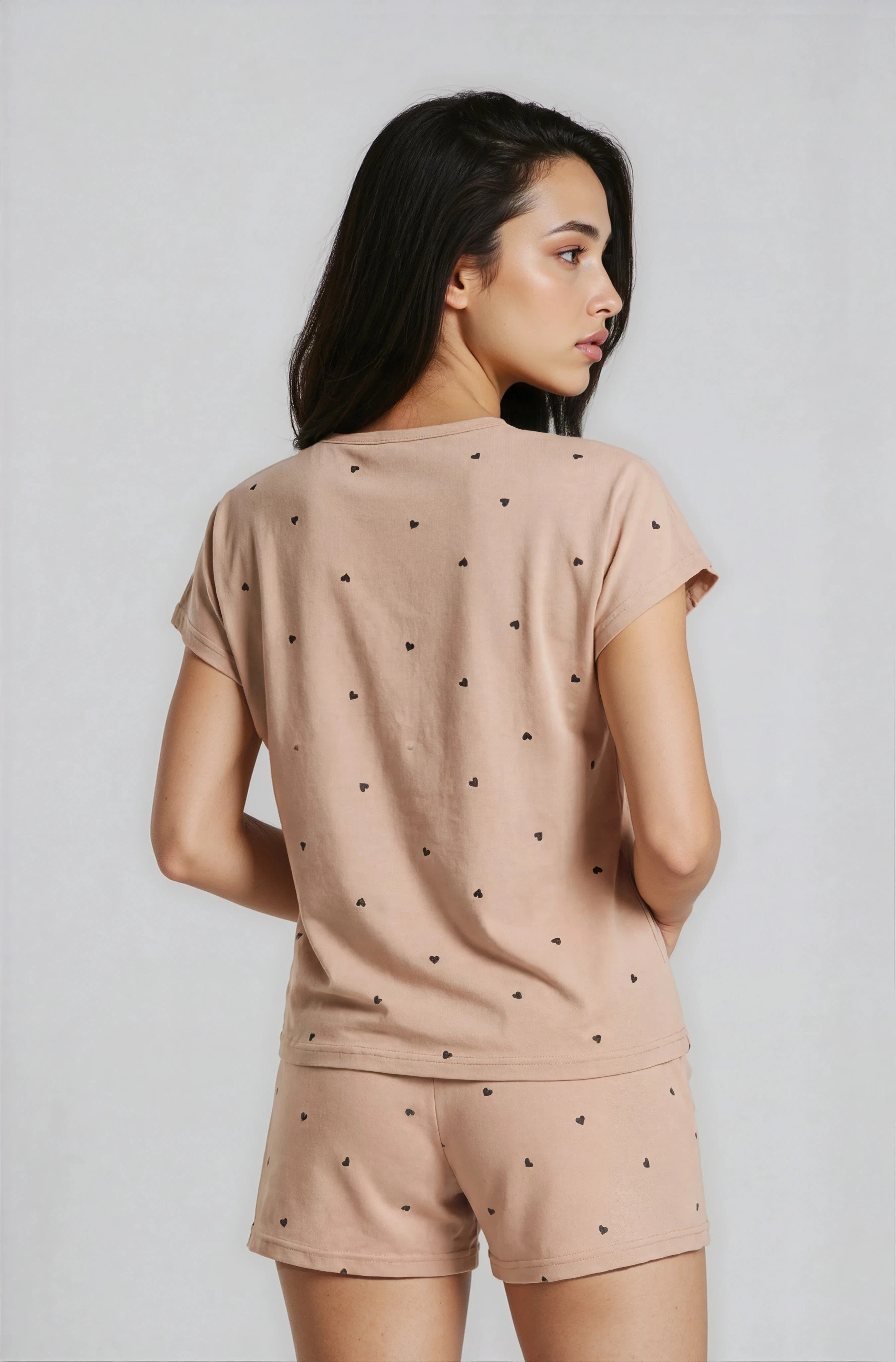 Shorty-Pyjama-Damen-Beige-Herzen-Rückansicht-Detail