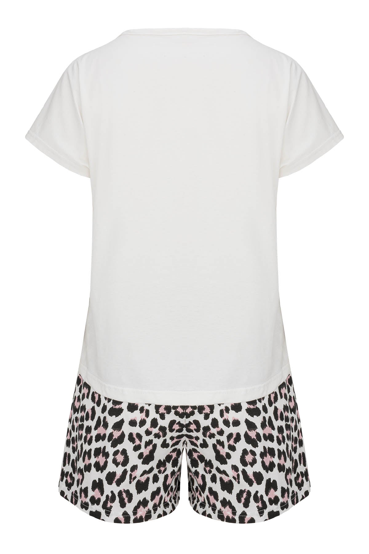 Shorty-Pyjama-Damen-kurzarm-Basicshirt-weiß-Shorts-Animalpirnt-Rückansicht-Freigestellt