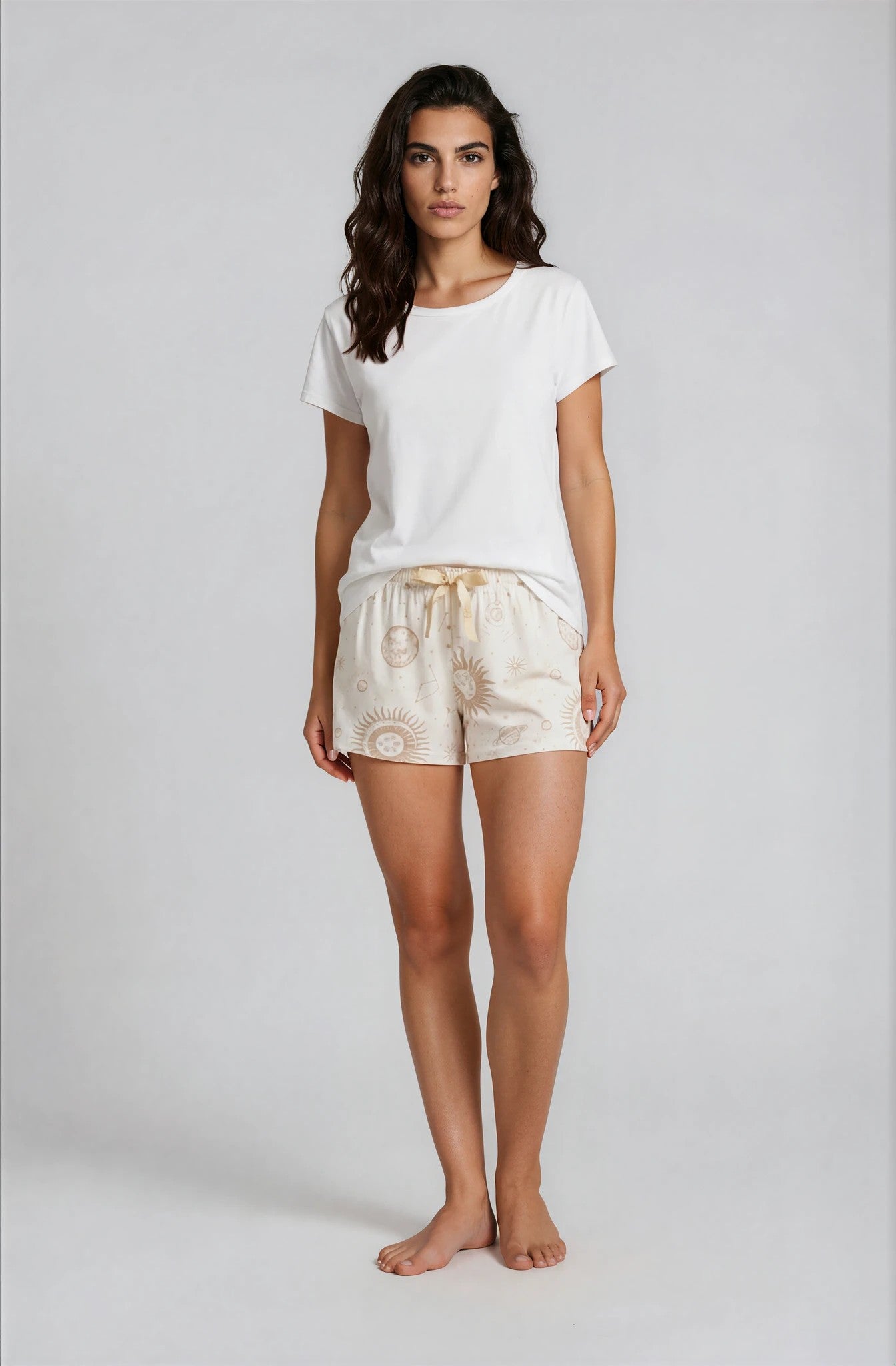 Kurzarm-Shorty-Pyjama-Damen-Basicshirt-Shorts-Himmelsprint-Frontansicht