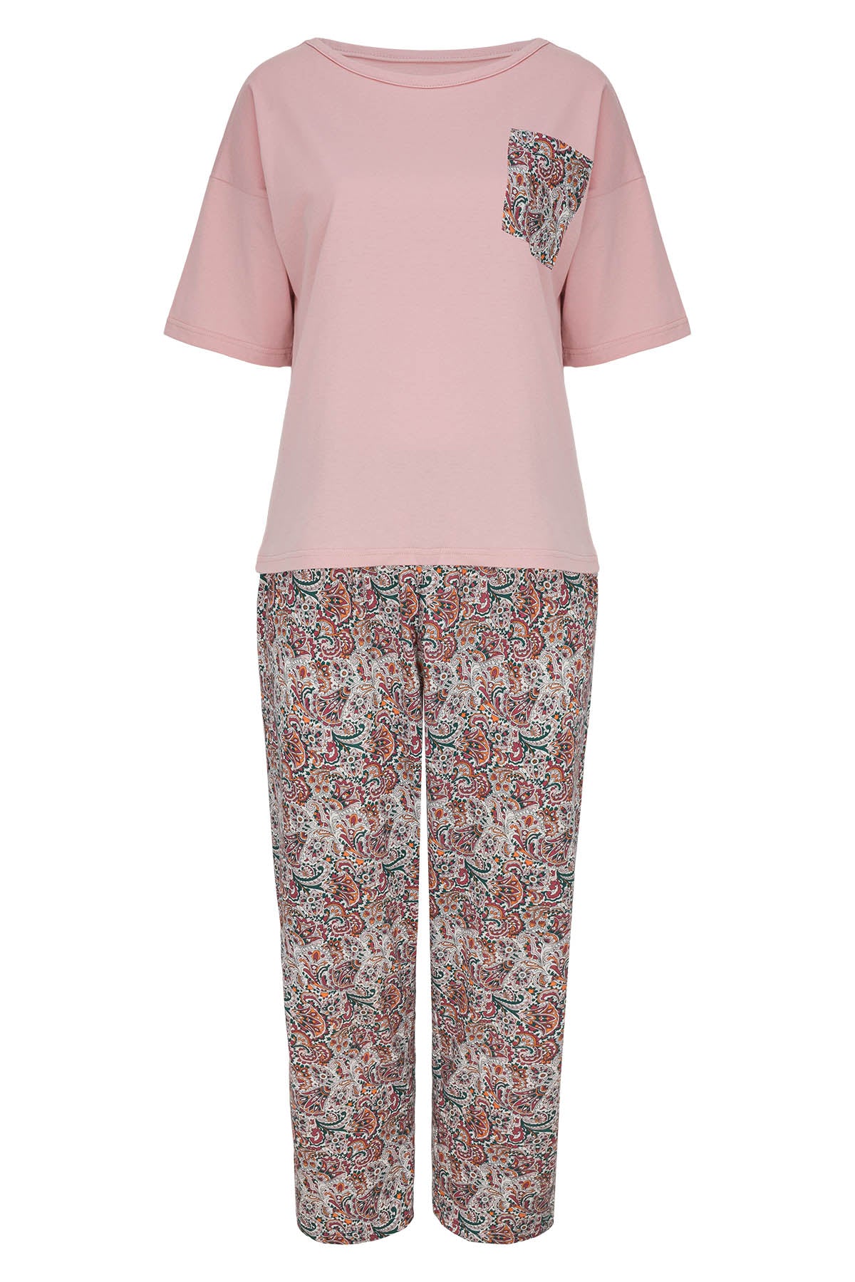 Kurzarm-Pyjama-Damen-Rosa-T-Shirt-Paisley-Caprihose-Frontansicht-freigestellt