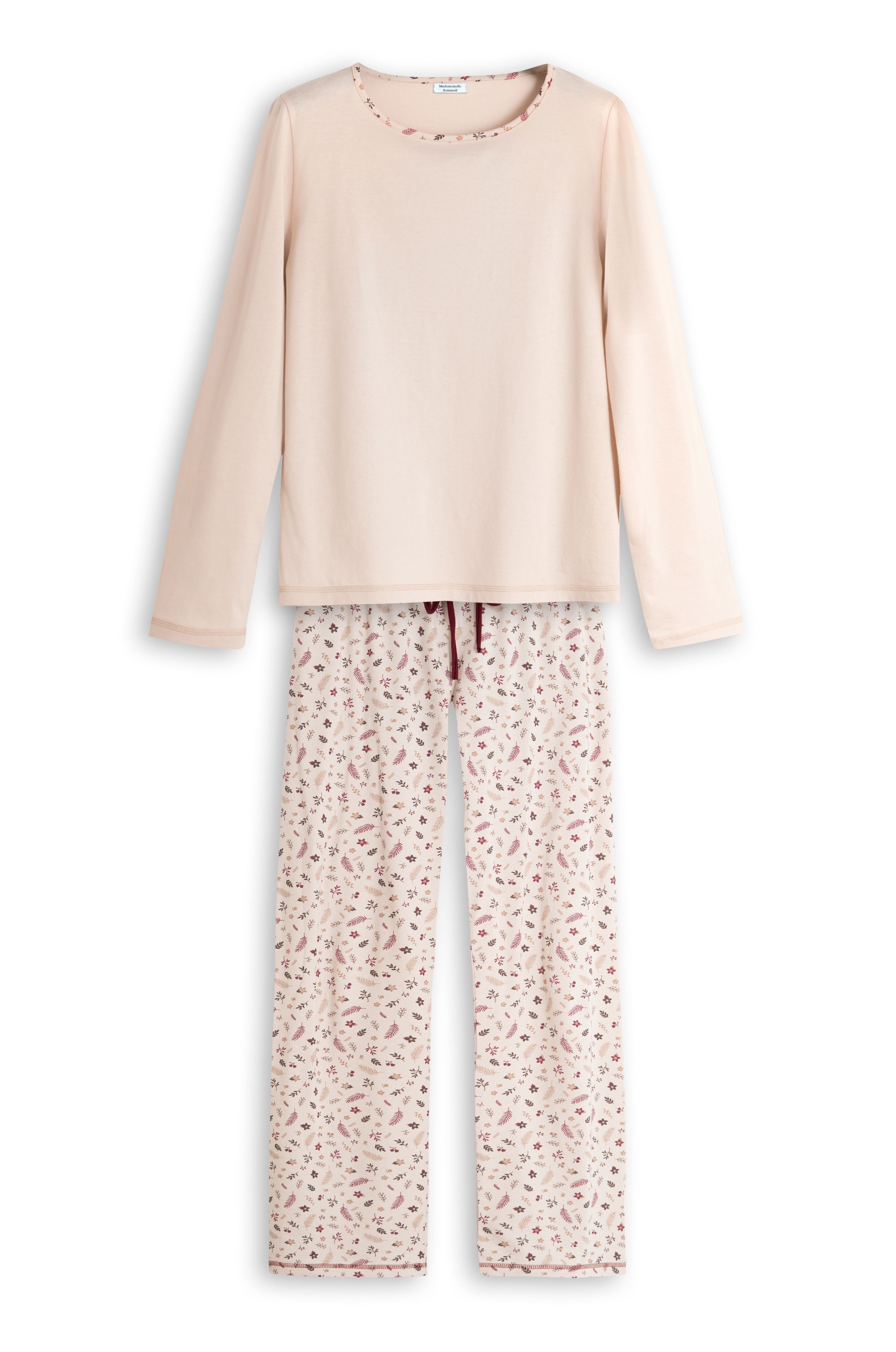Damen Langarm-Pyjama in Creme aus Baumwolle mit floraler Hose