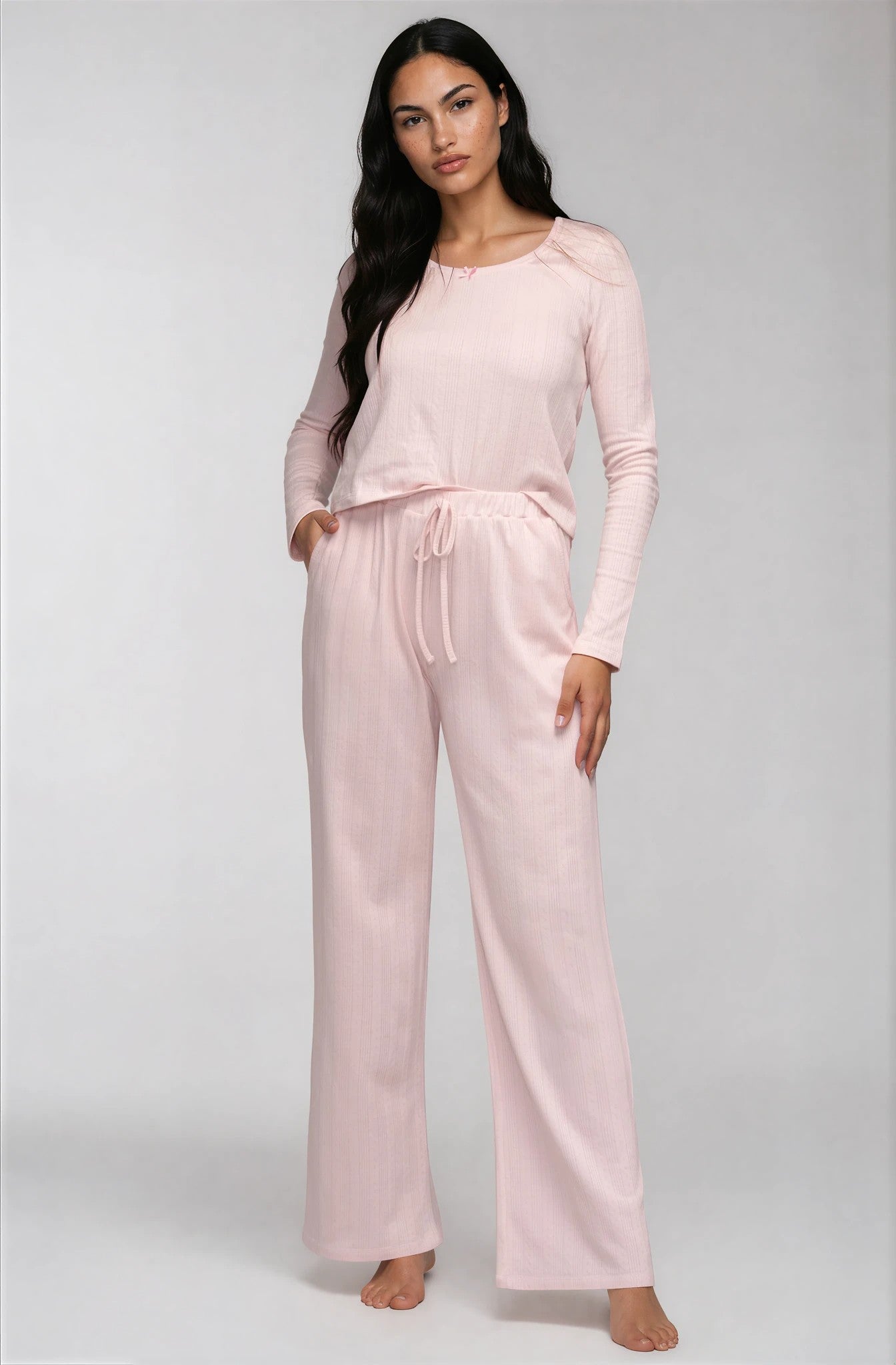 Rosé Pointelle-Pyjama für Damen mit langem Arm