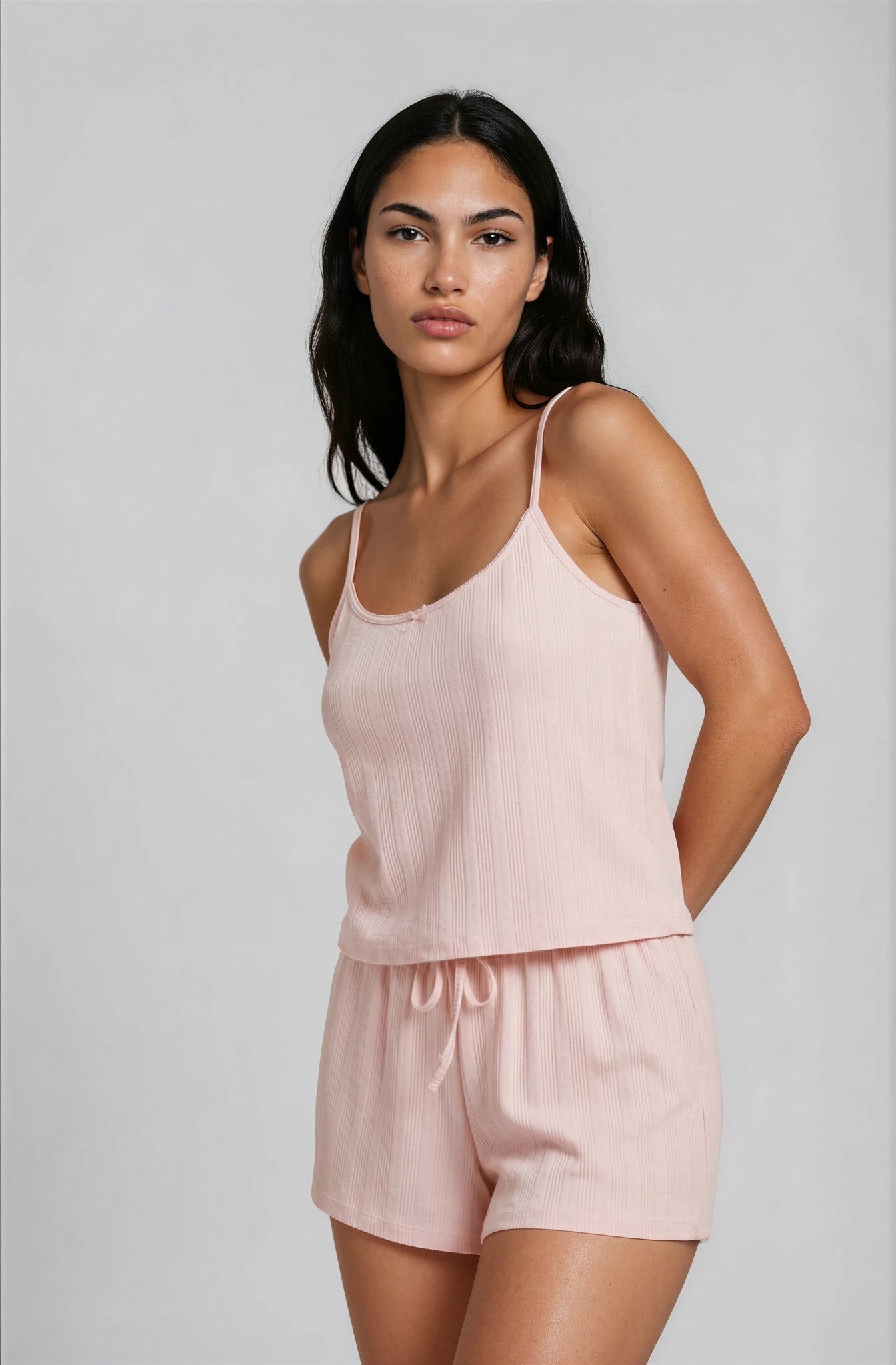 Shorty-Pyjama in Rosé aus Pointelle-Baumwolle mit Spaghettiträgern