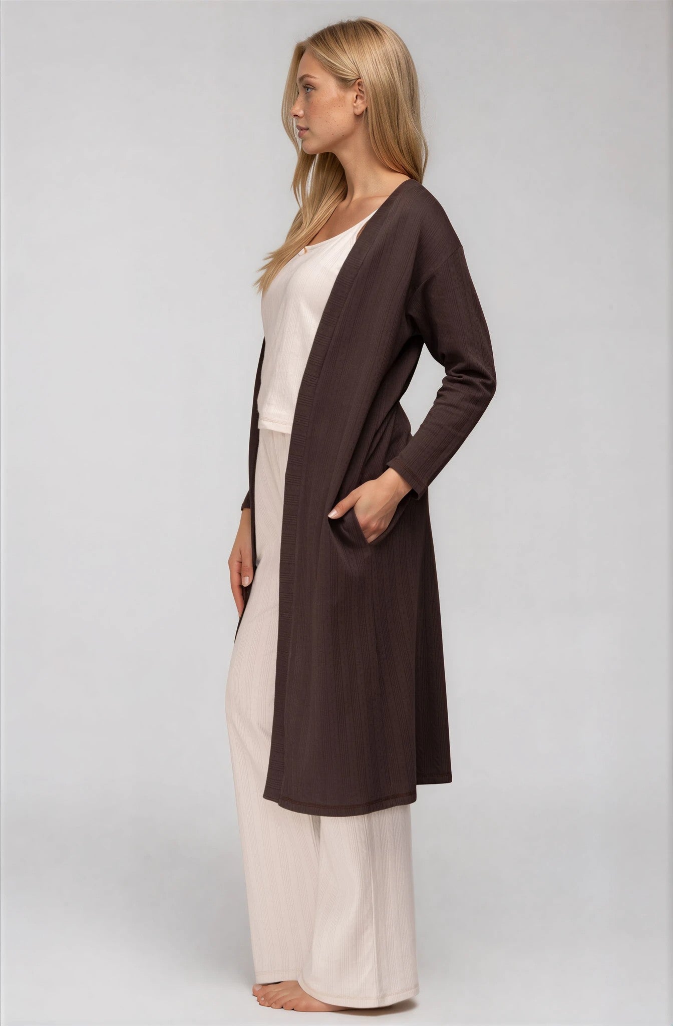 Damen Morgenmantel aus 100% Baumwolle, Bindegürtel & Taschen, Dunkelbraun