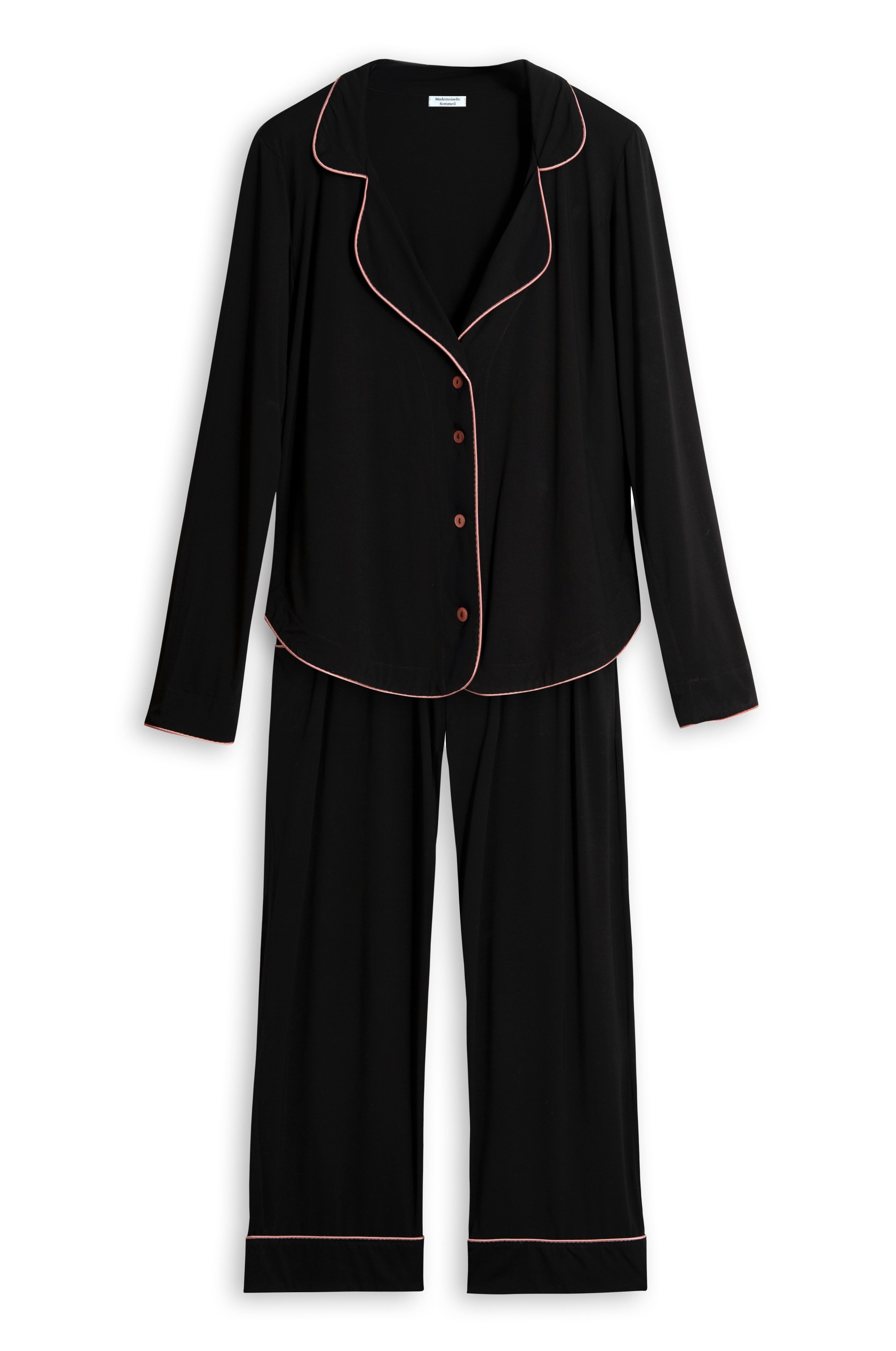 Damen Pyjama – EcoVero™ Viskose, Schwarz mit roséfarbener Paspel