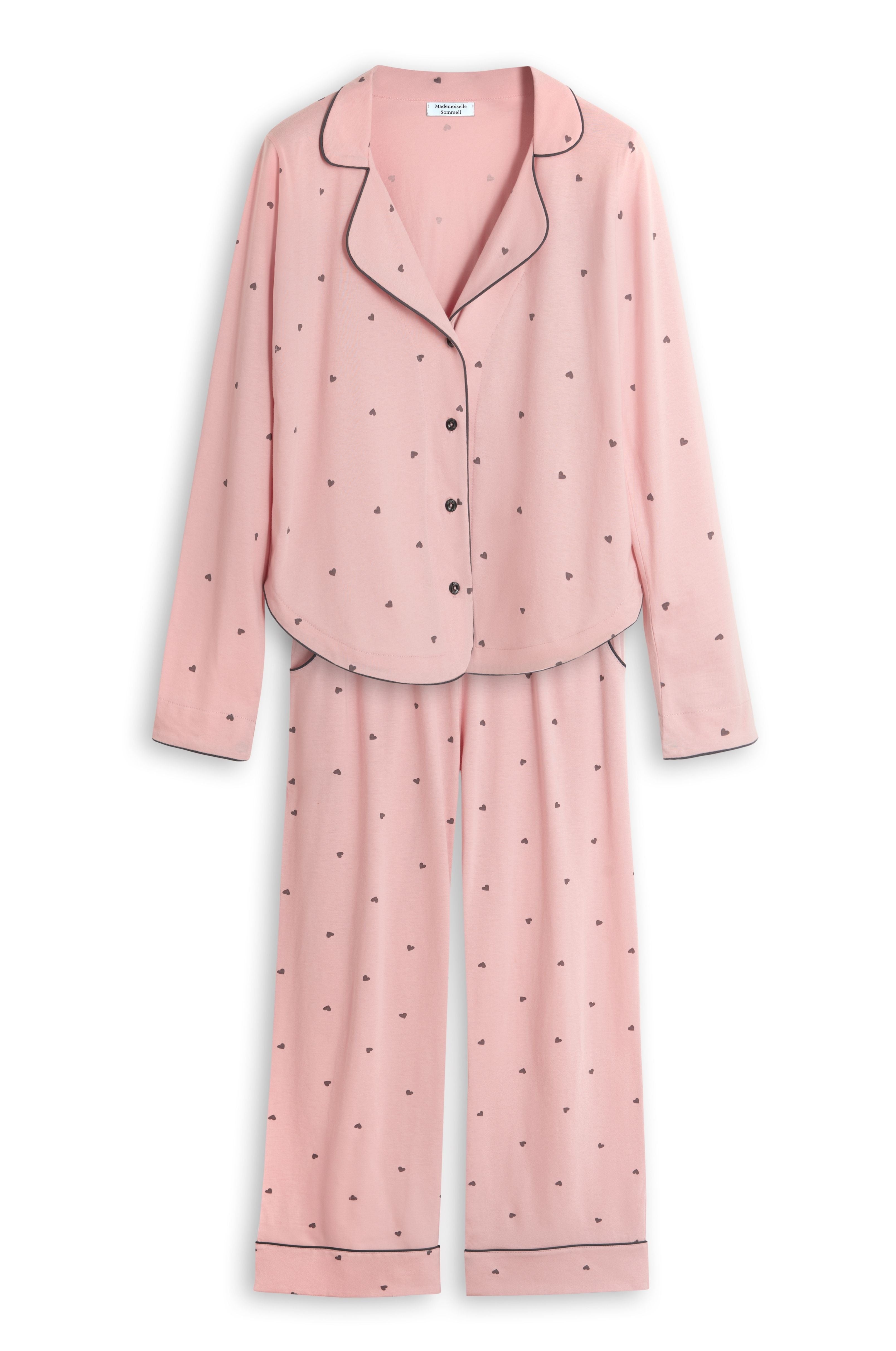 Damen Pyjama in Rosa mit Herzprint – 100% Baumwolle