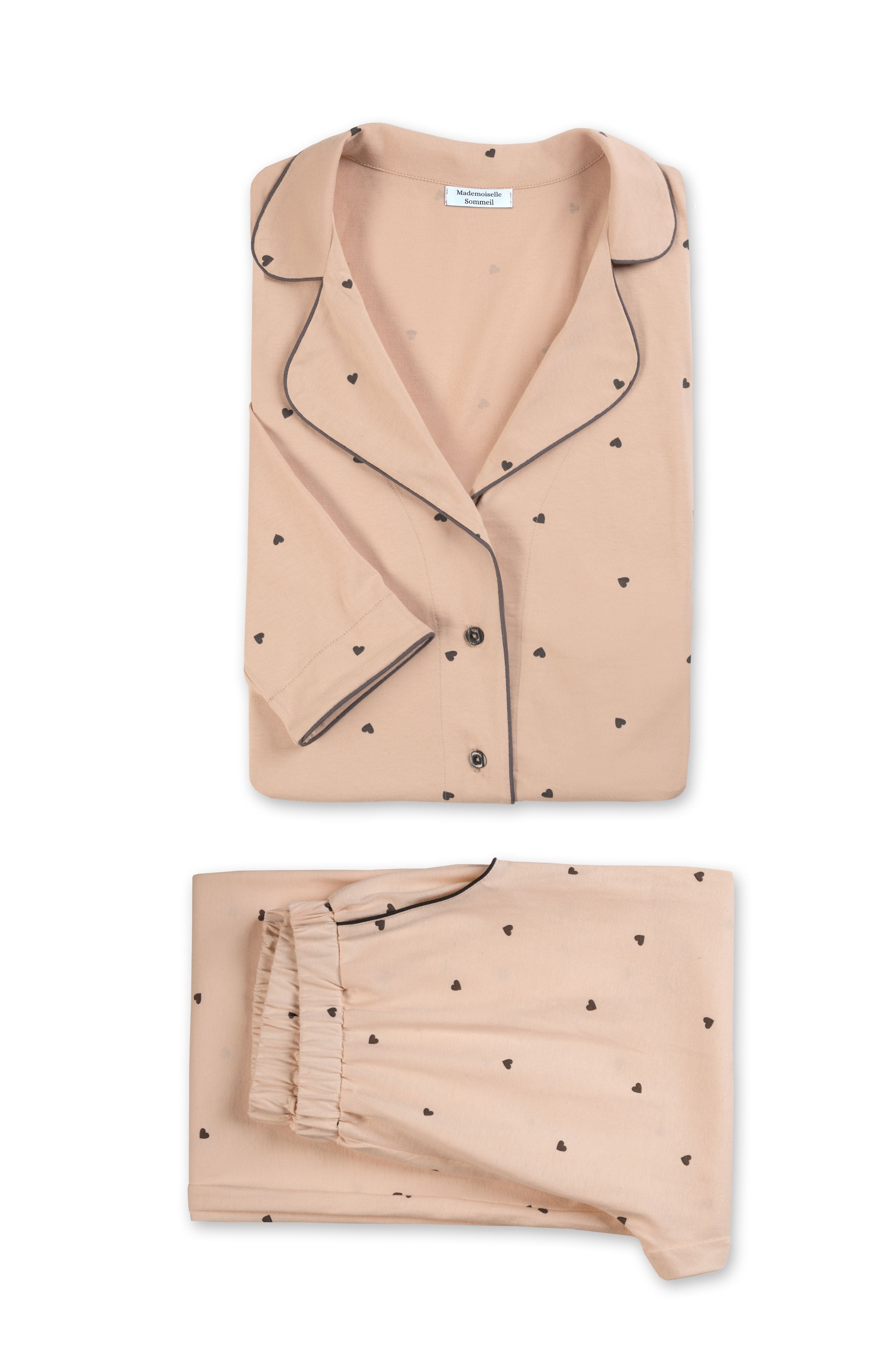 Damen Pyjama aus 100% Baumwolle in Beige mit Herzchen