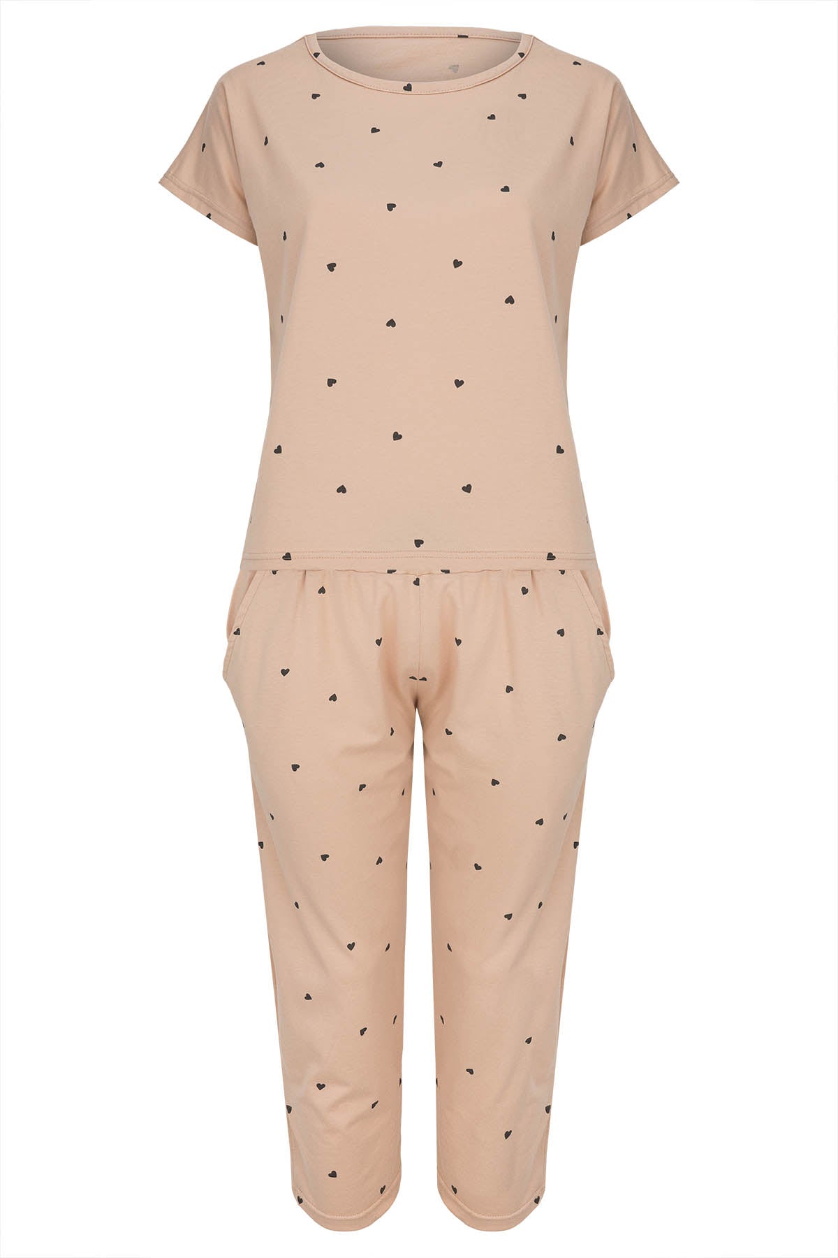 Capri-Pyjama-Damen-Beige-Herzen-Frontansicht-freigestellt
