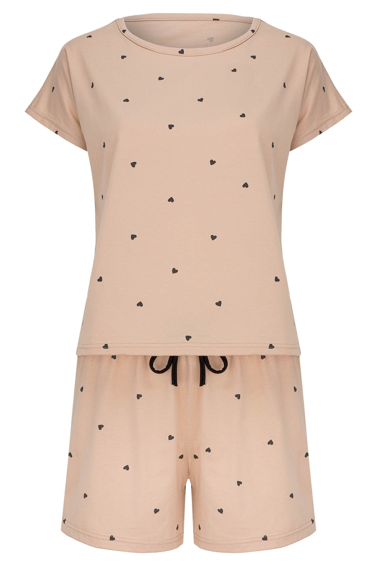 Shorty-Pyjama-Damen-Beige-Herzen-Frontansicht-freigestellt