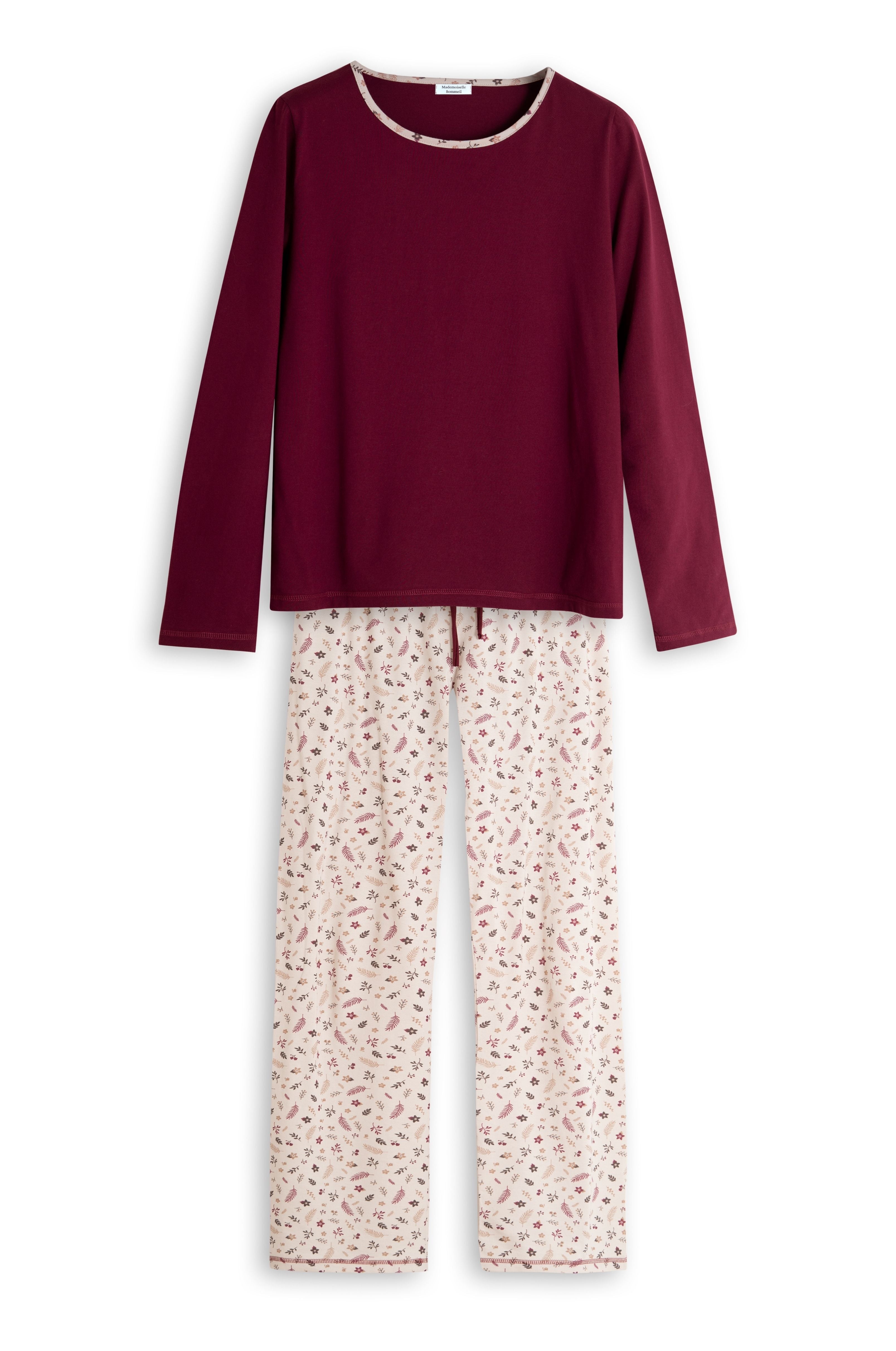 Damen Langarm-Pyjama in Bordeaux aus Baumwolle mit floraler Hose