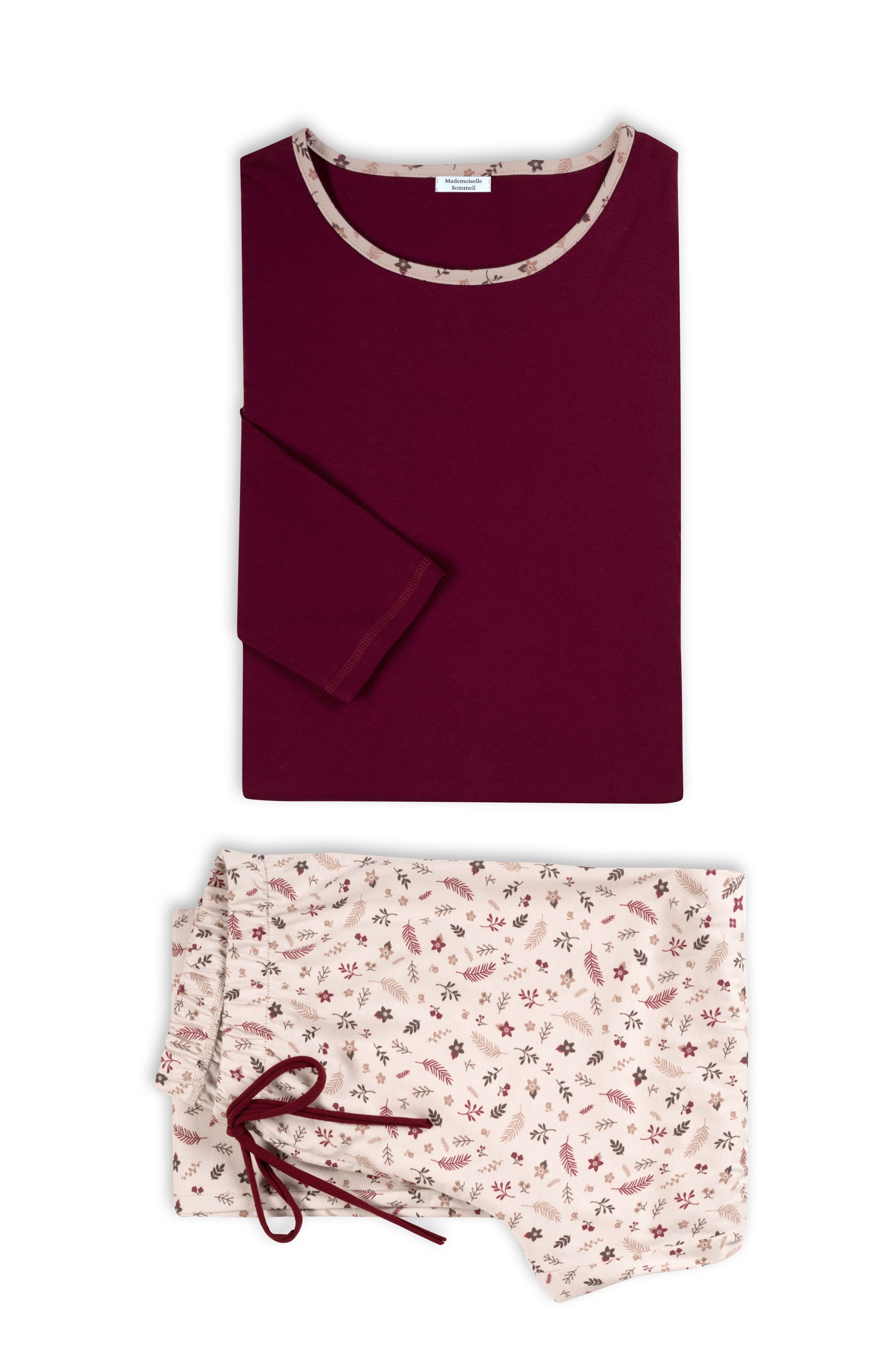 Damen Langarm-Pyjama in Bordeaux aus Baumwolle mit floraler Hose