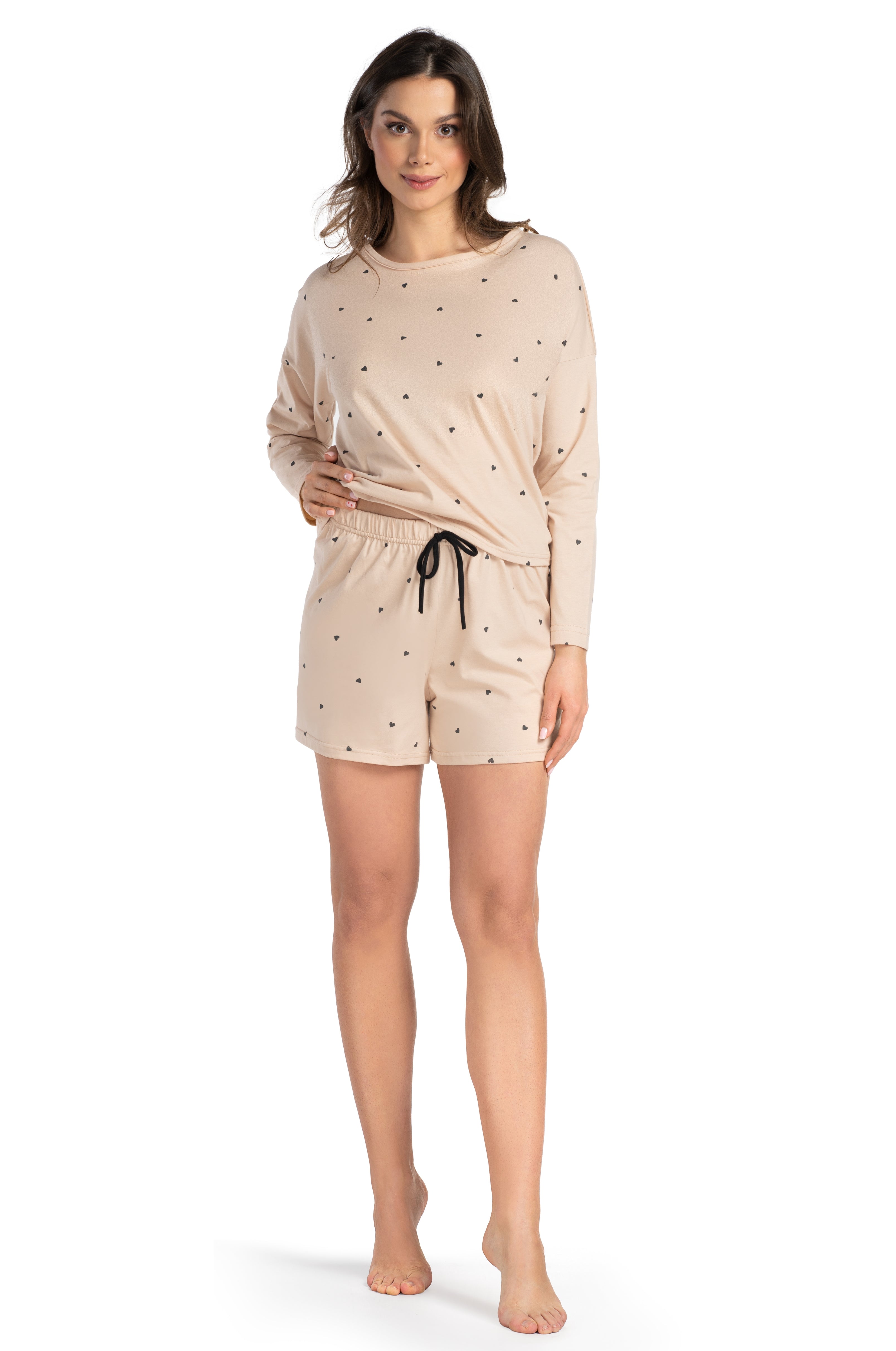 Shorty-Pyjama aus Baumwolle in Beige mit Herzchen (Langarm)