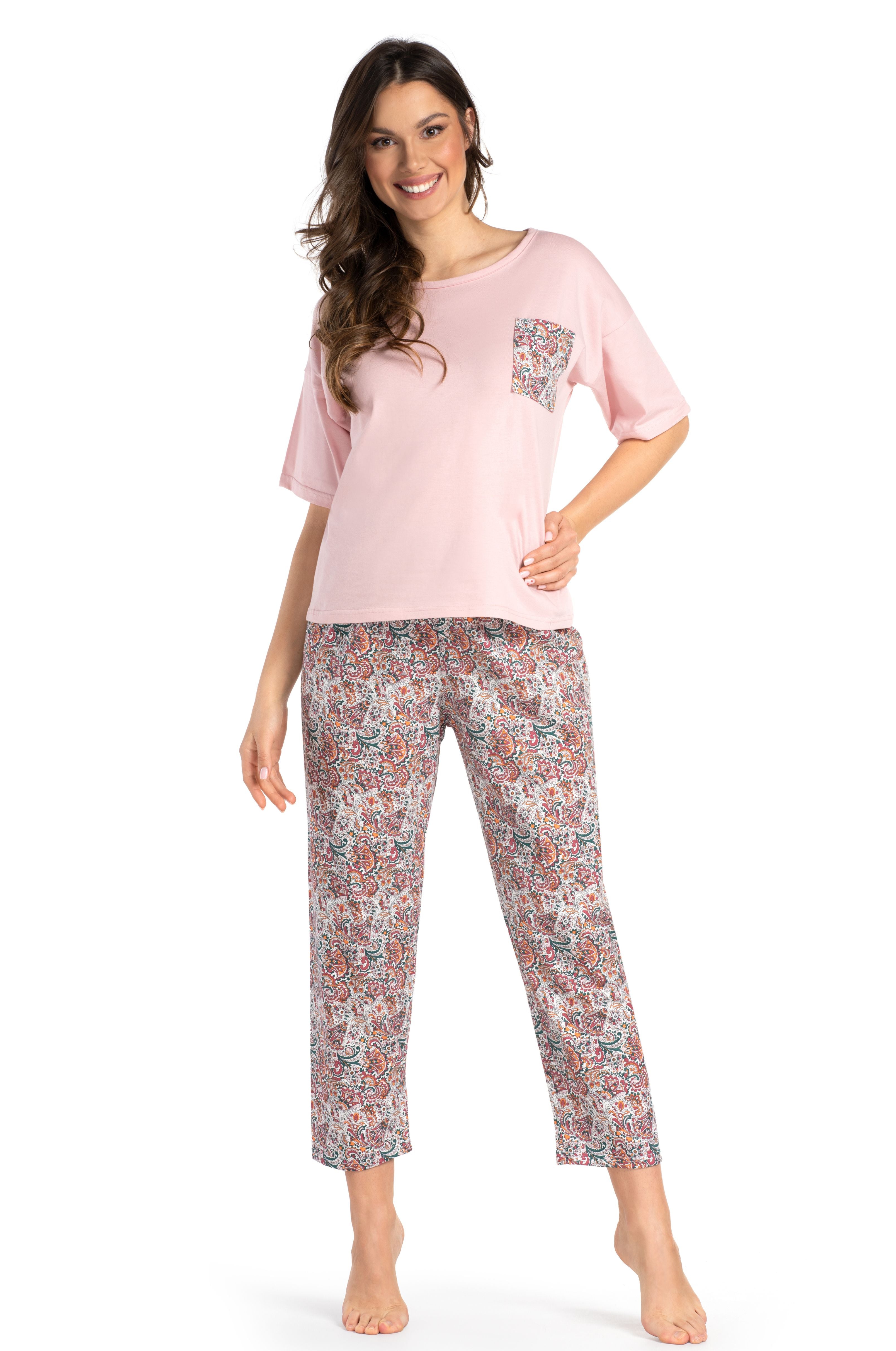Schlafanzug aus Baumwolle: Rosa Shirt & Paisley-Hose