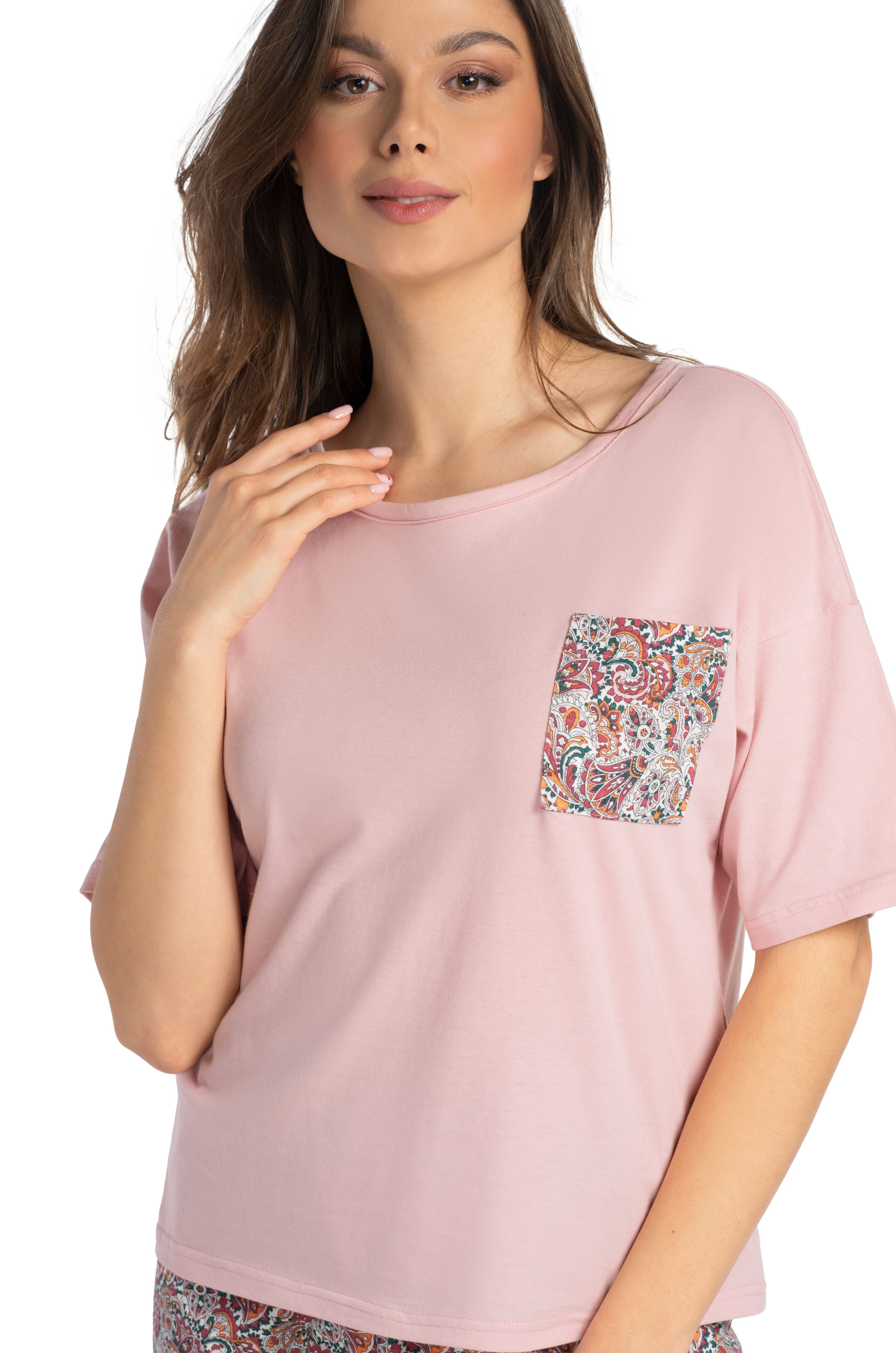Kurzarm-Pyjama-Damen-Rosa-T-Shirt-Paisley-Caprihose-Oberteil-Detail