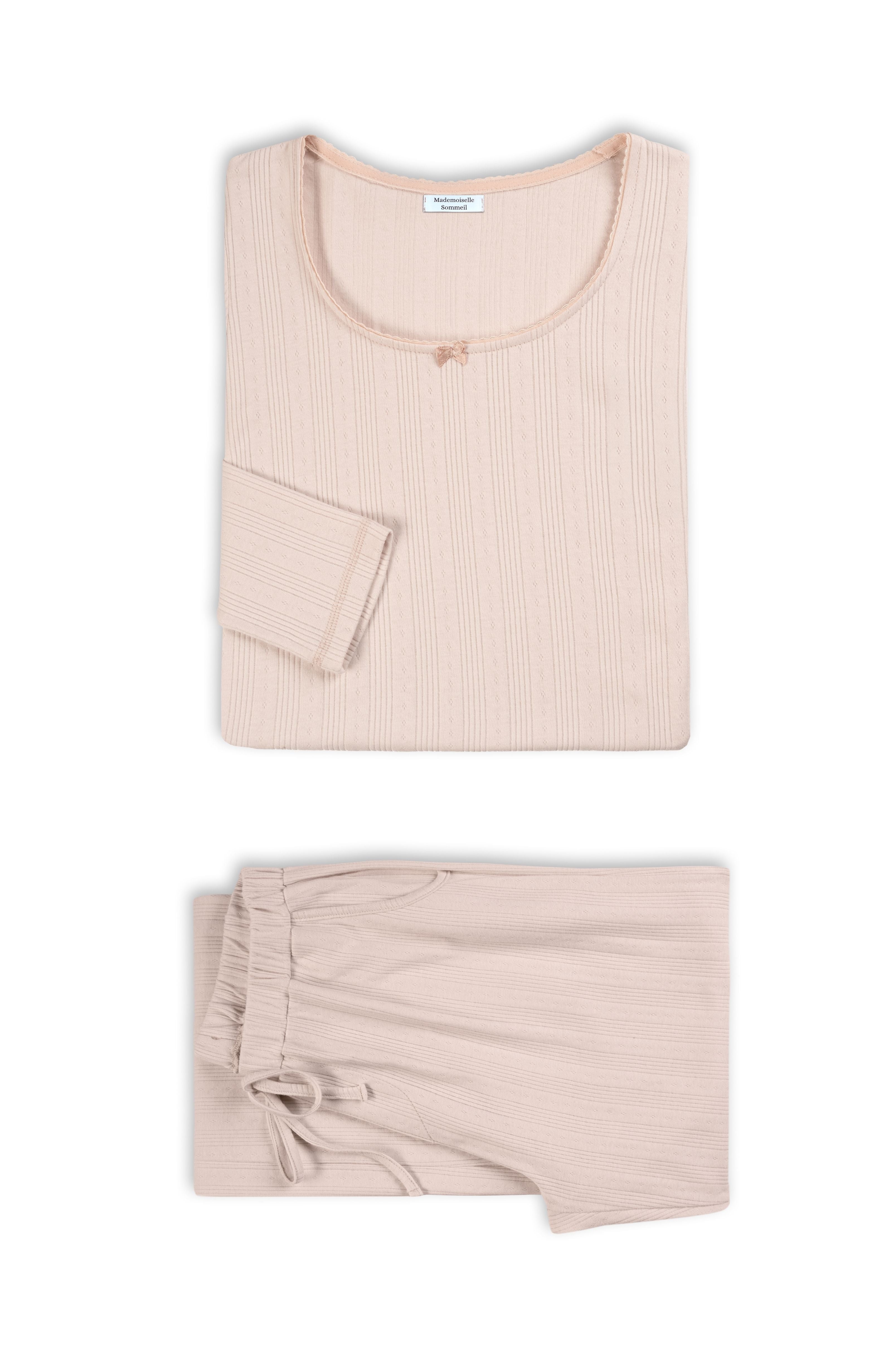 Pointelle-Pyjama für Damen in Beige – Langarm & lange Hose