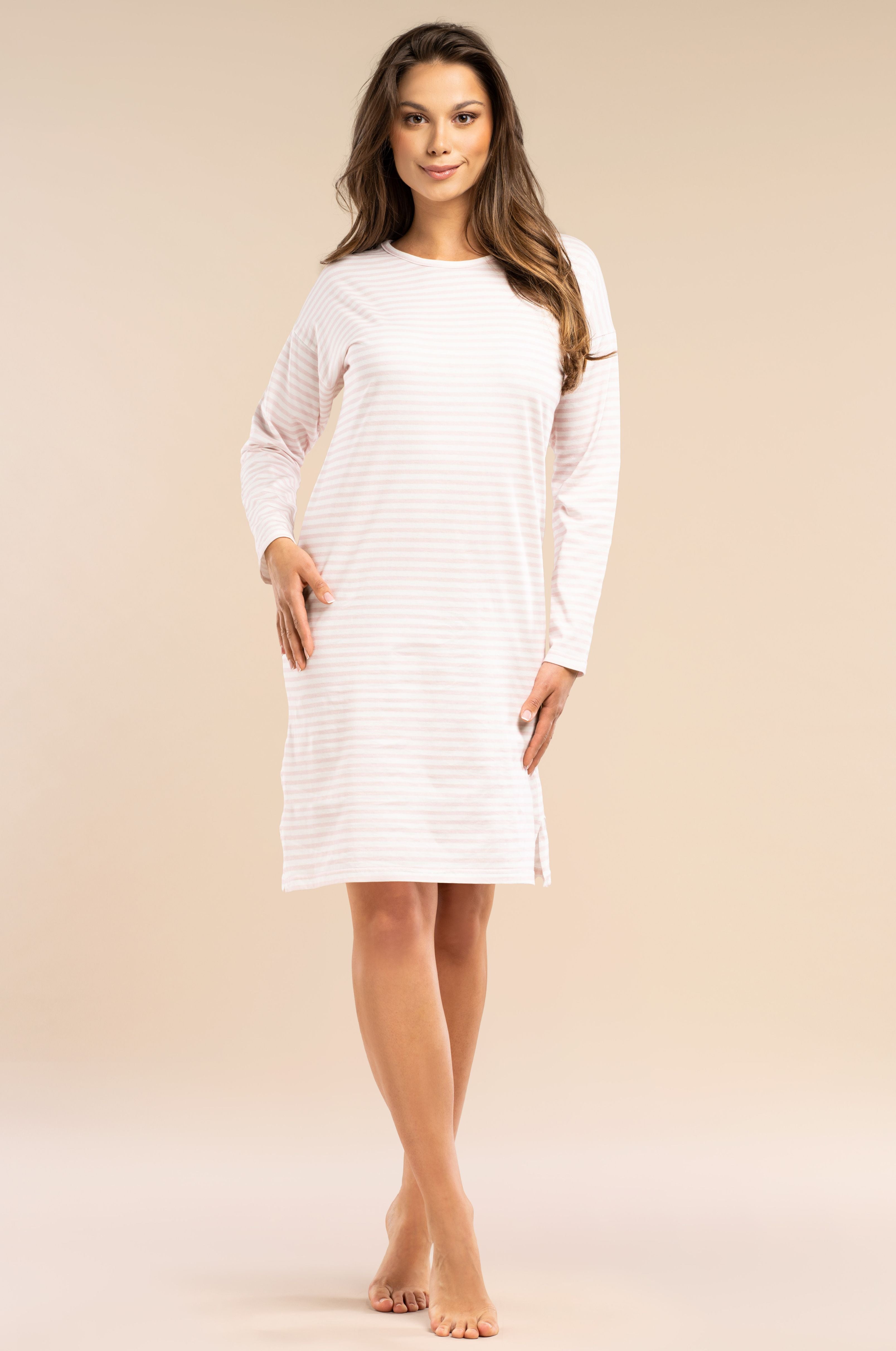 Langarm-Nachthemd in Rosé-Weiß aus Baumwolle mit feinem Ringel