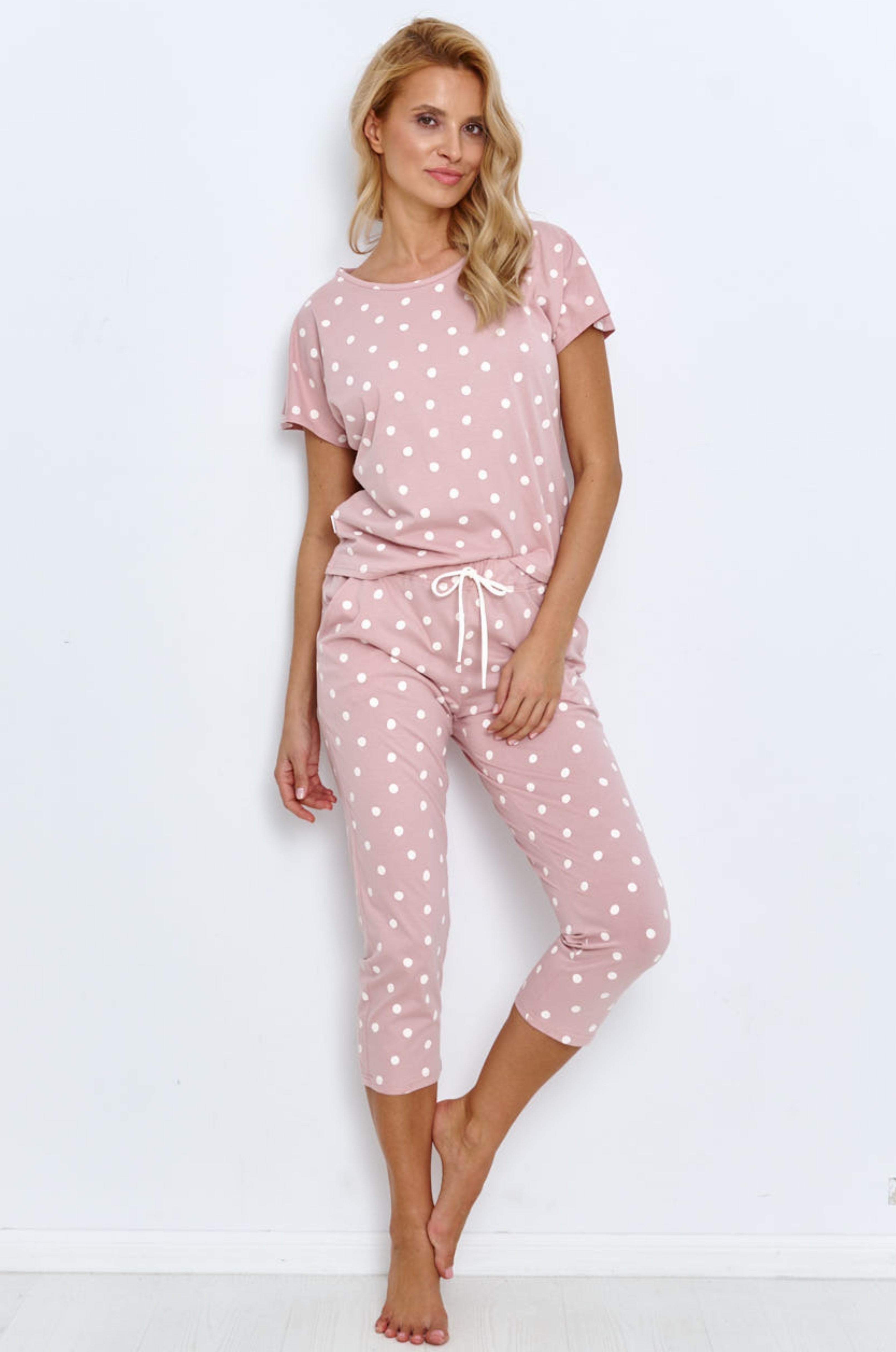 Capri-Pyjama-Damen-Kurzarm-Altrosa-Punkte-Frontansicht-2