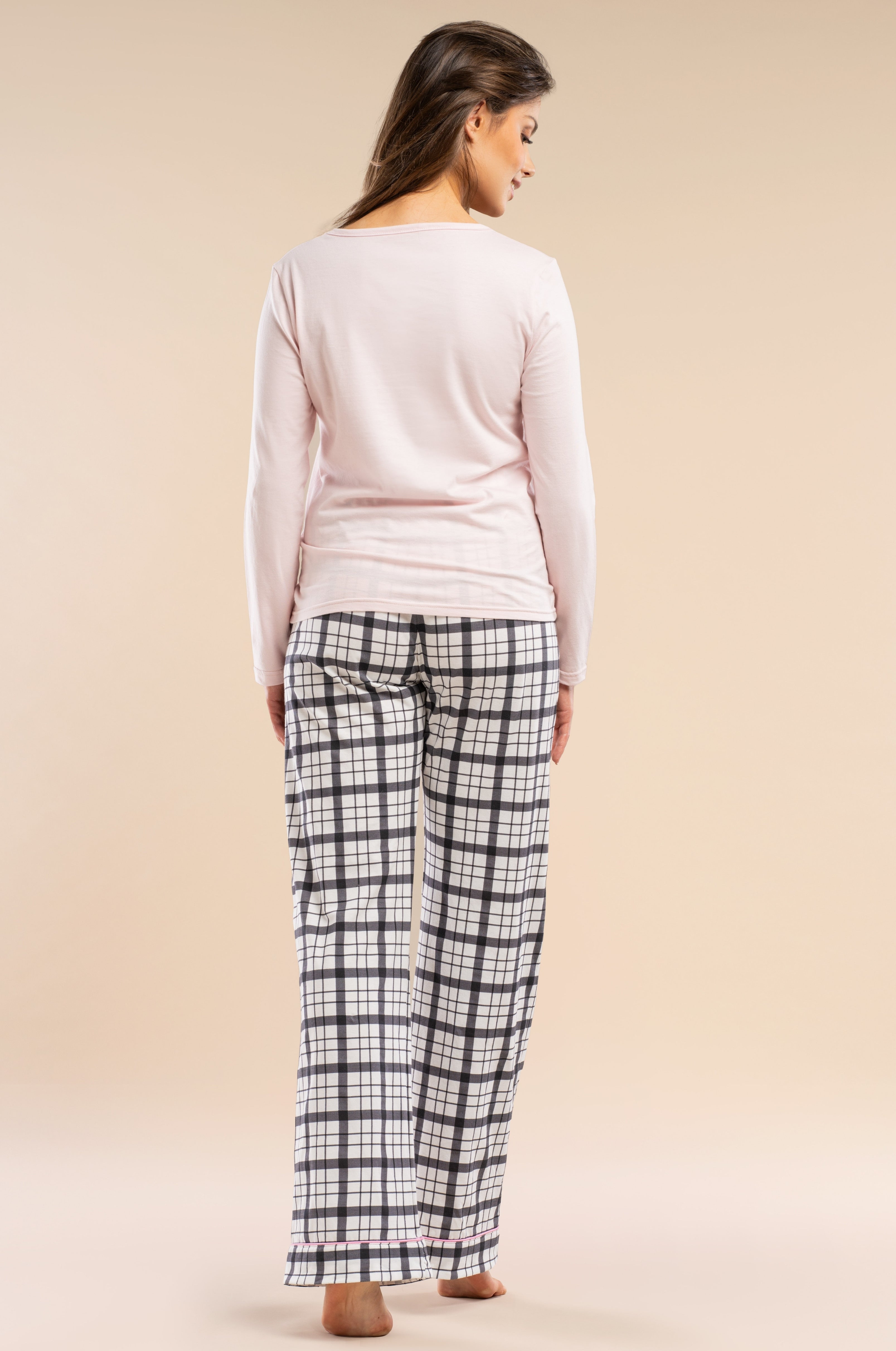 Langarm-Pyjama mit Karo-Hose in Schwarz-Weiß & rosa Paspel – 100 % Baumwolle