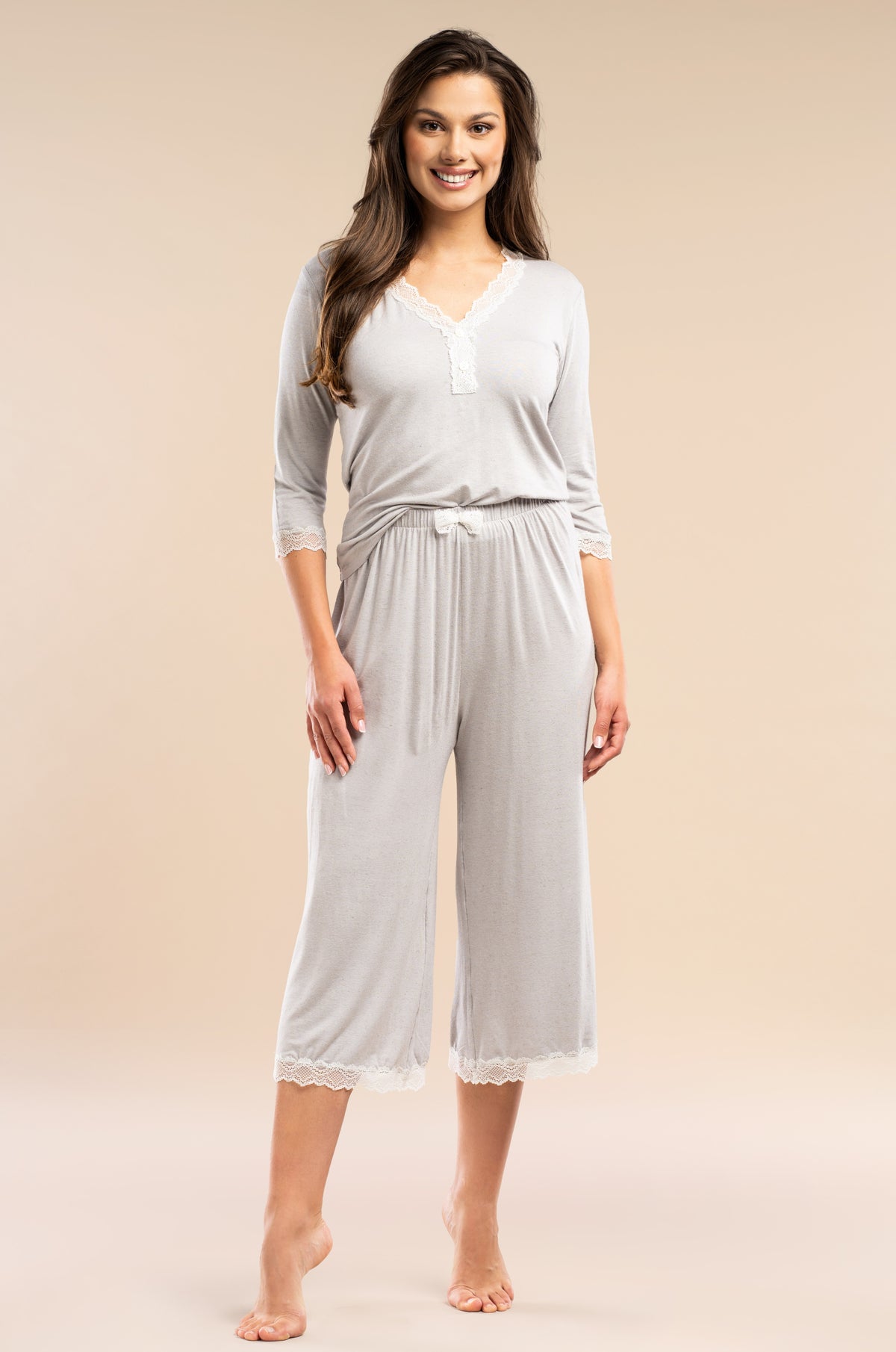 Damen Pyjama ¾ Capri-Stil - graumeliert Spitze