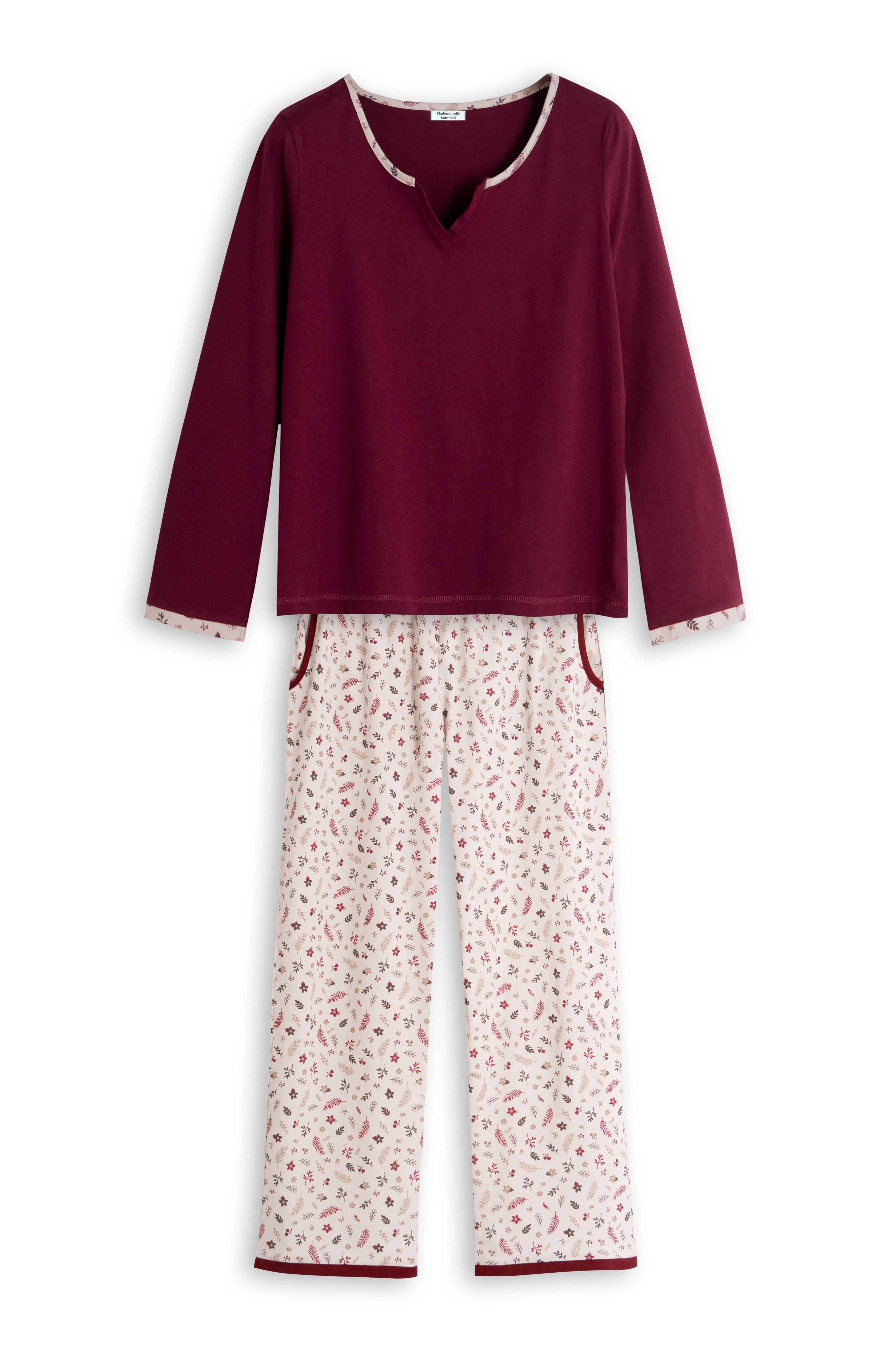 Langarm-Pyjama für Damen in Bordeaux mit floraler Hose