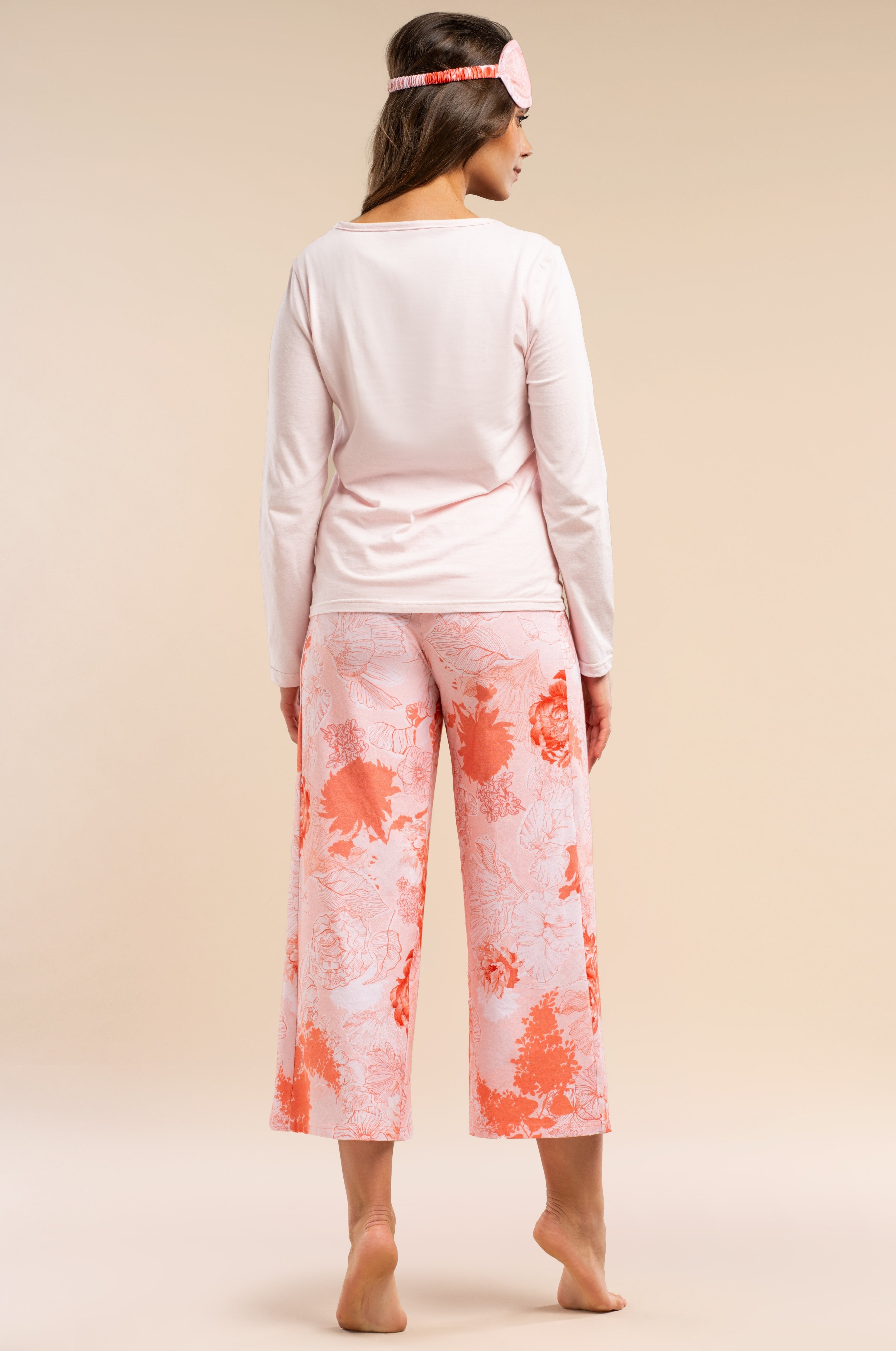 Langarm-Pyjama in Rosé mit floraler 7/8-Culotte (Baumwolle/Baumwollmix)