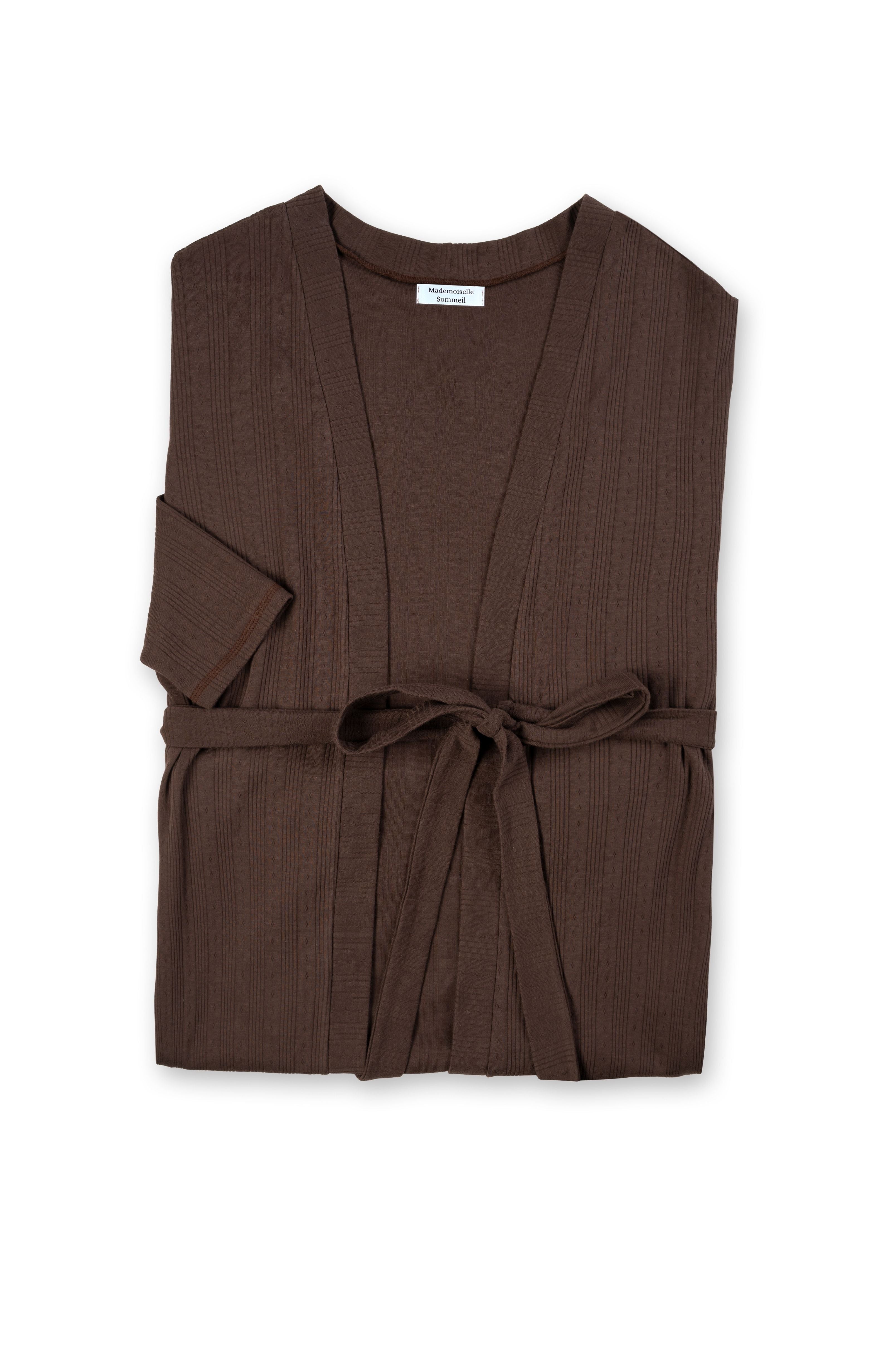 Damen Morgenmantel aus 100% Baumwolle, Bindegürtel & Taschen, Dunkelbraun