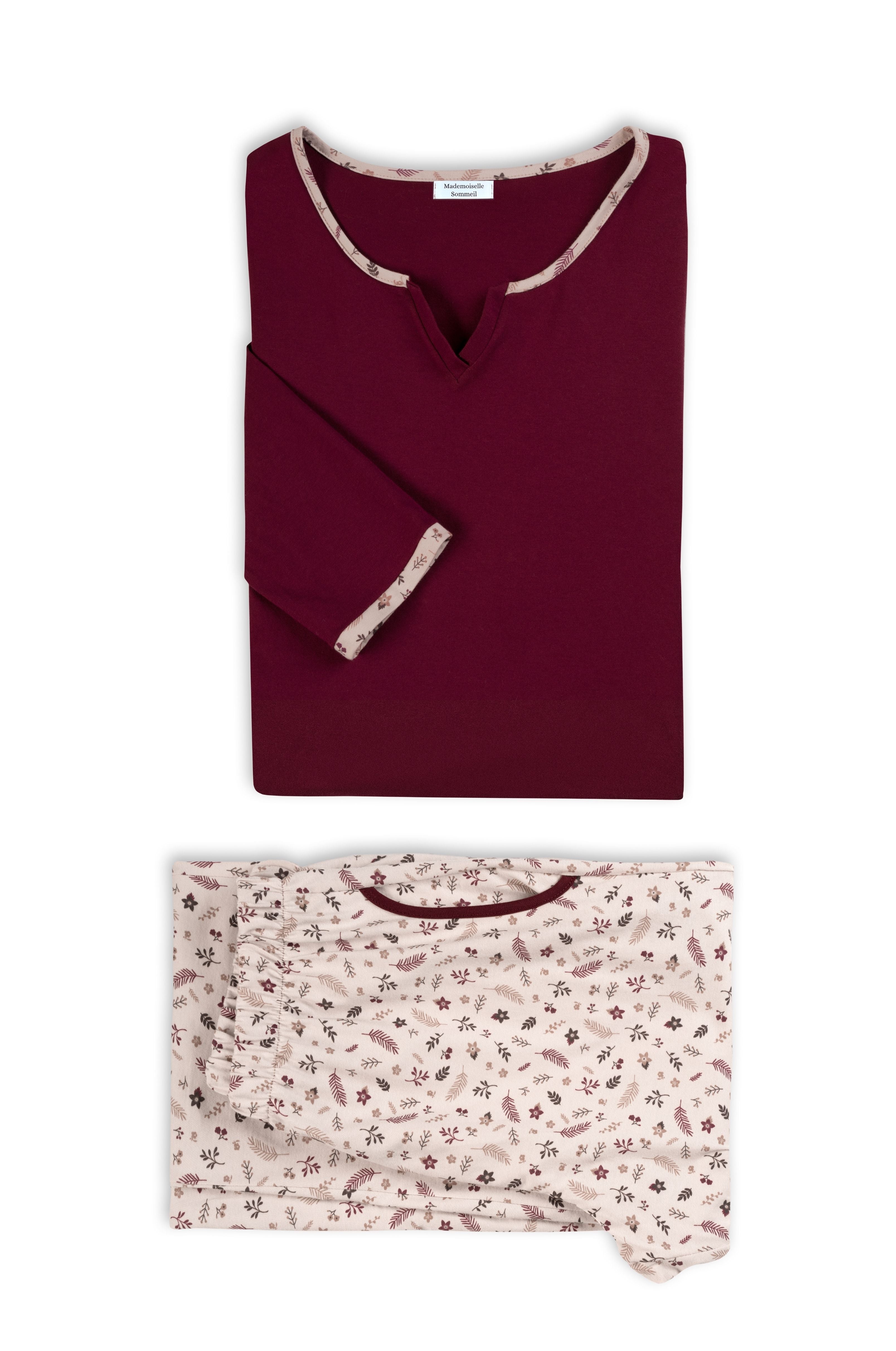 Langarm-Pyjama für Damen in Bordeaux mit floraler Hose