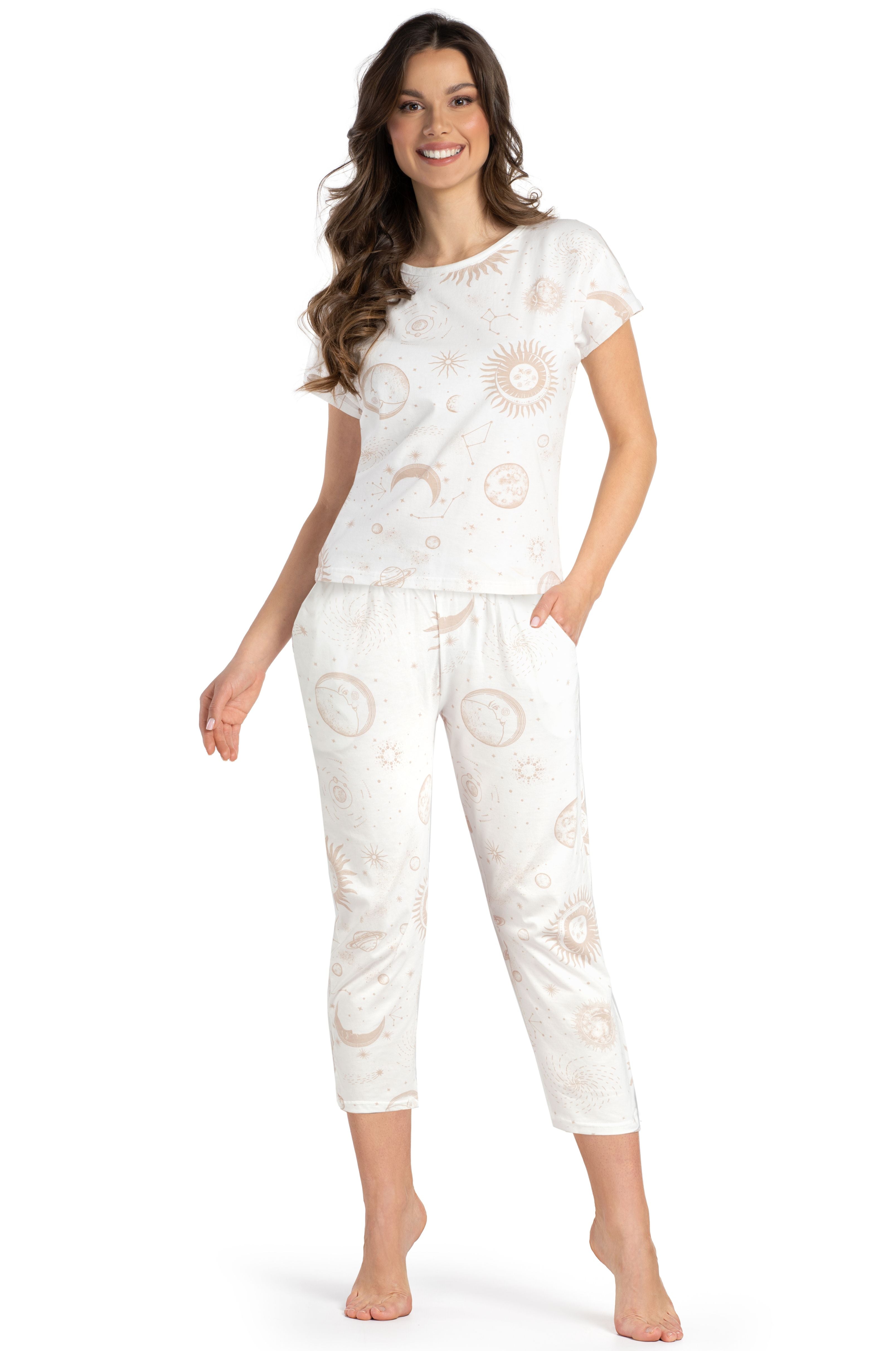 Kurzarm-Pyjama aus Baumwolle mit Mond-&-Sterne-Print (Capri)