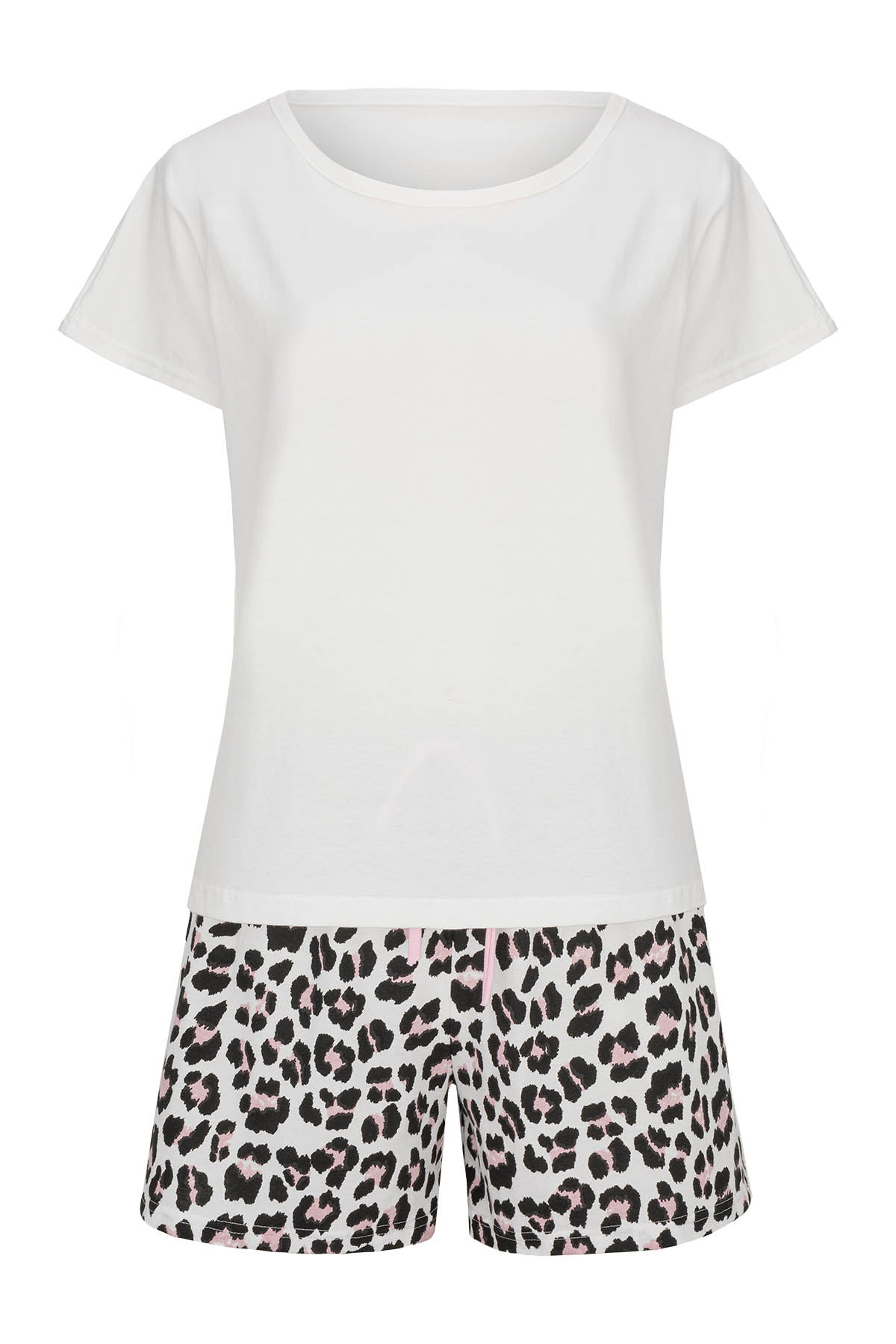 Shorty-Pyjama-Damen-kurzarm-Basicshirt-weiß-Shorts-Animalpirnt-Frontansicht-Freigestellt