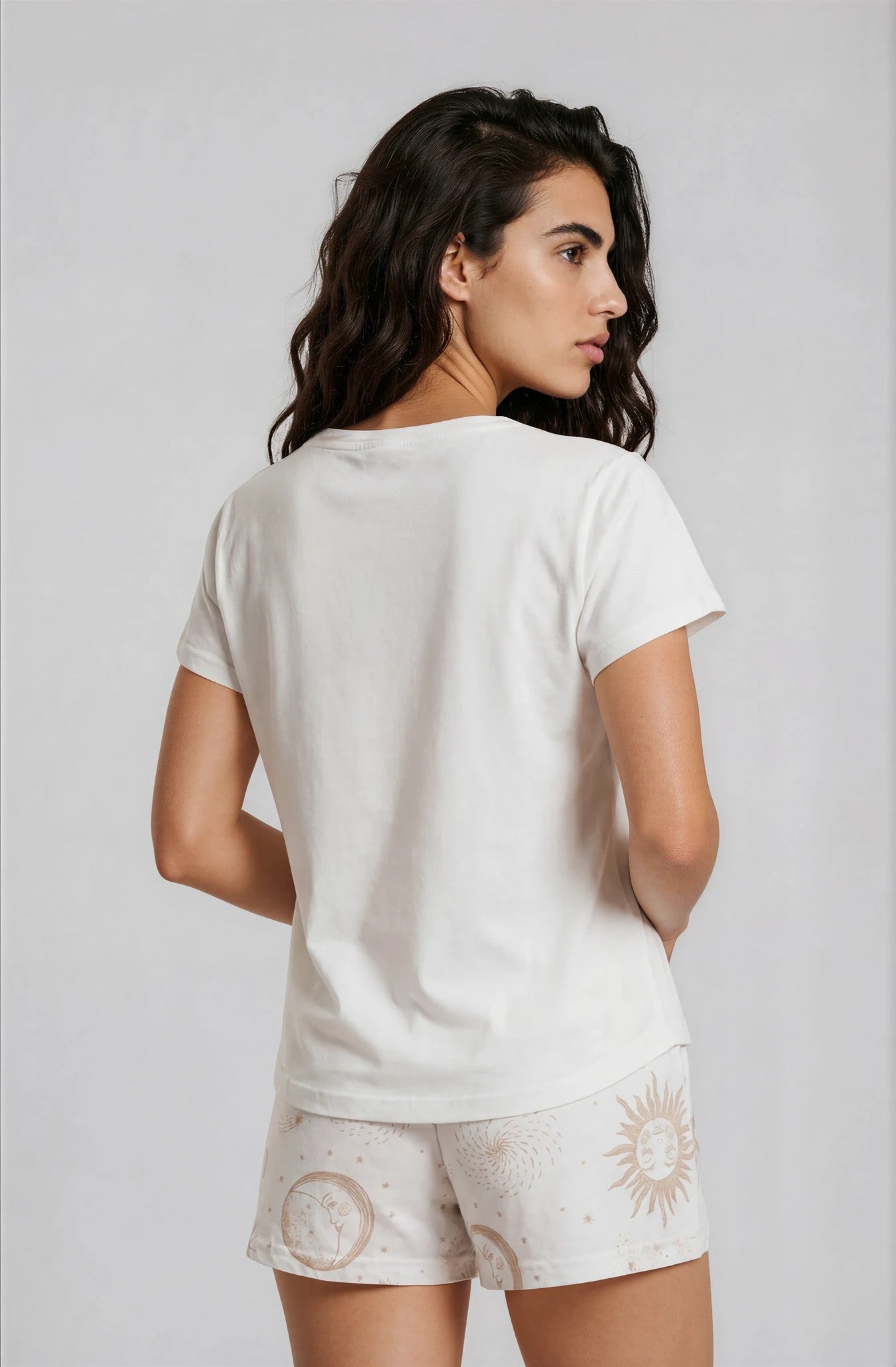 Kurzarm-Shorty-Pyjama-Damen-Basicshirt-Shorts-Himmelsprint-Rückansicht-Detail