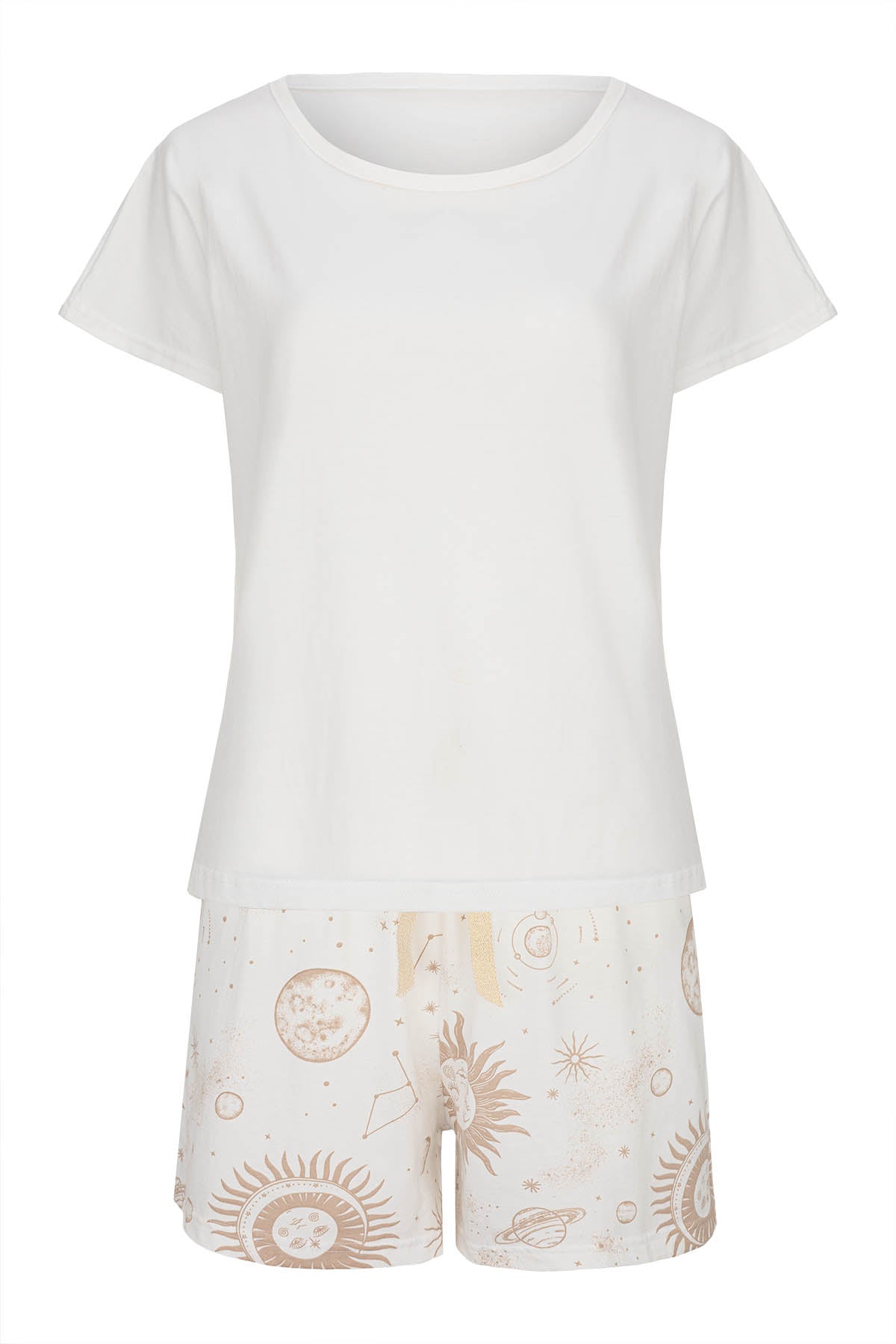 Kurzarm-Shorty-Pyjama-Damen-Basicshirt-Shorts-Himmelsprint-Frontansicht-Freigestellt