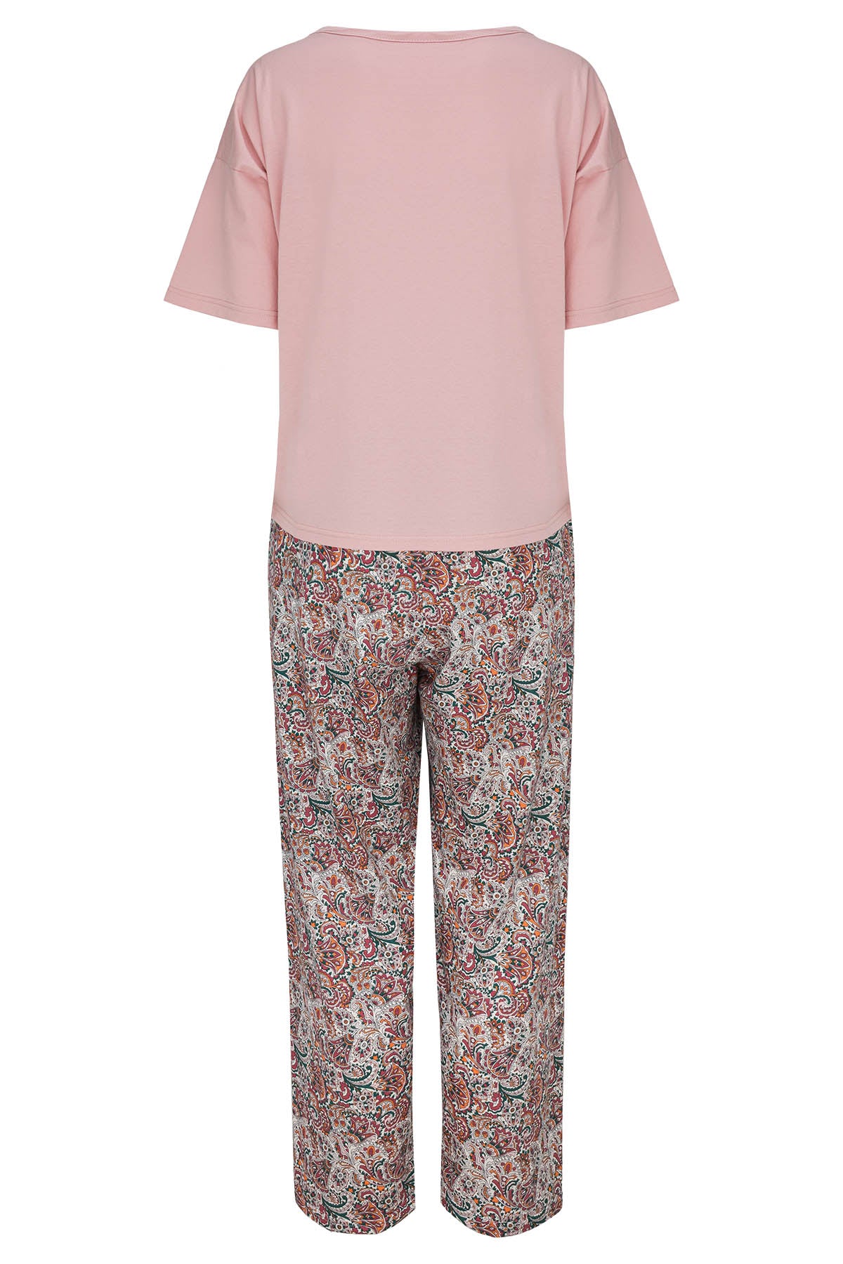 Kurzarm-Pyjama-Damen-Rosa-T-Shirt-Paisley-Caprihose-Rückansicht-freigestellt
