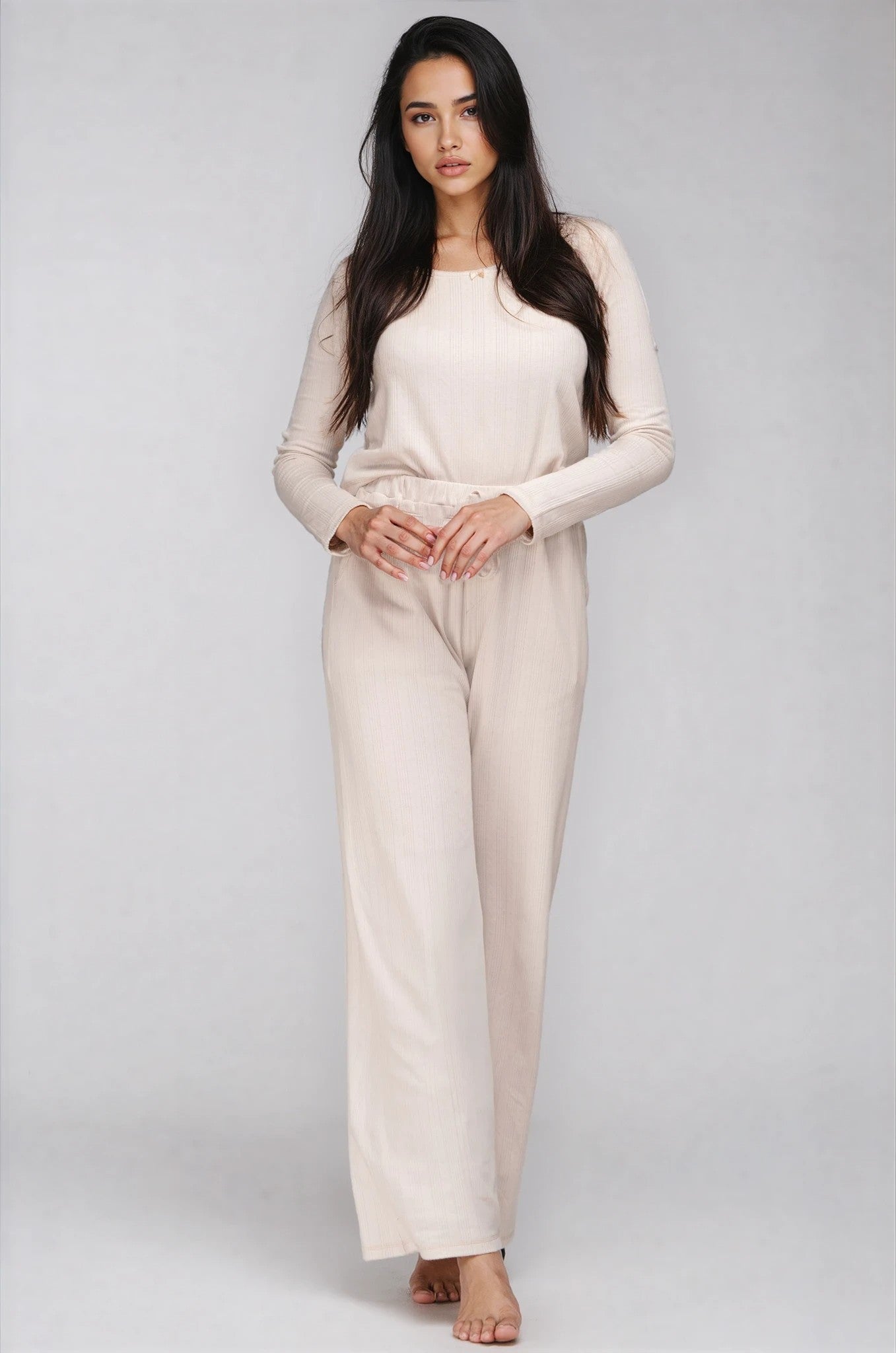 Pointelle-Pyjama für Damen in Beige – Langarm & lange Hose