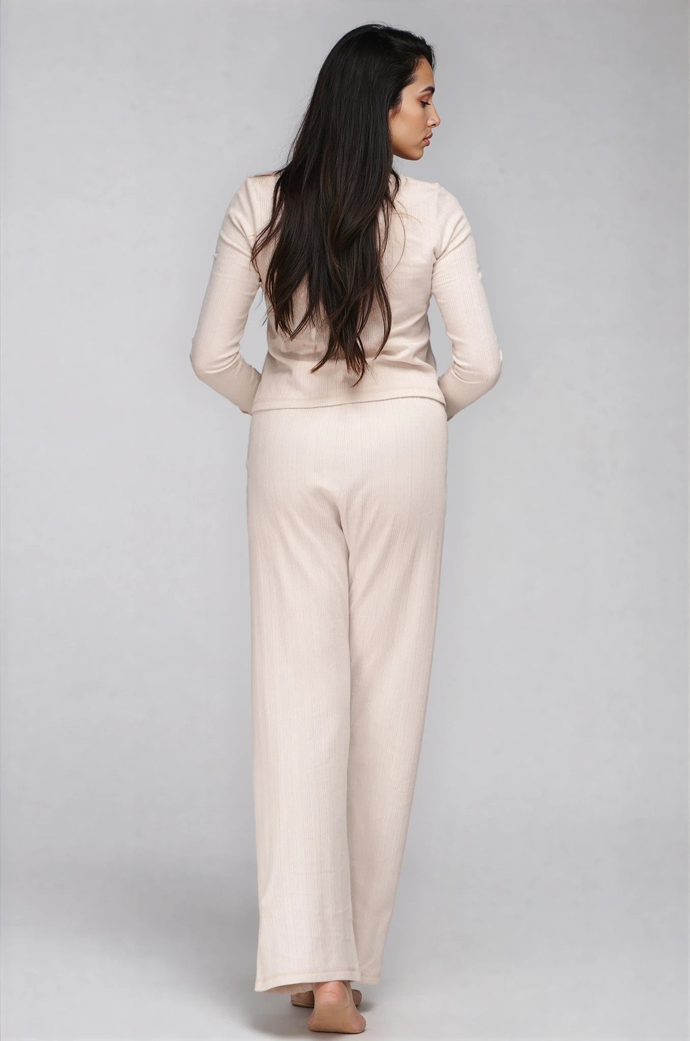 Pointelle-Pyjama für Damen in Beige – Langarm & lange Hose