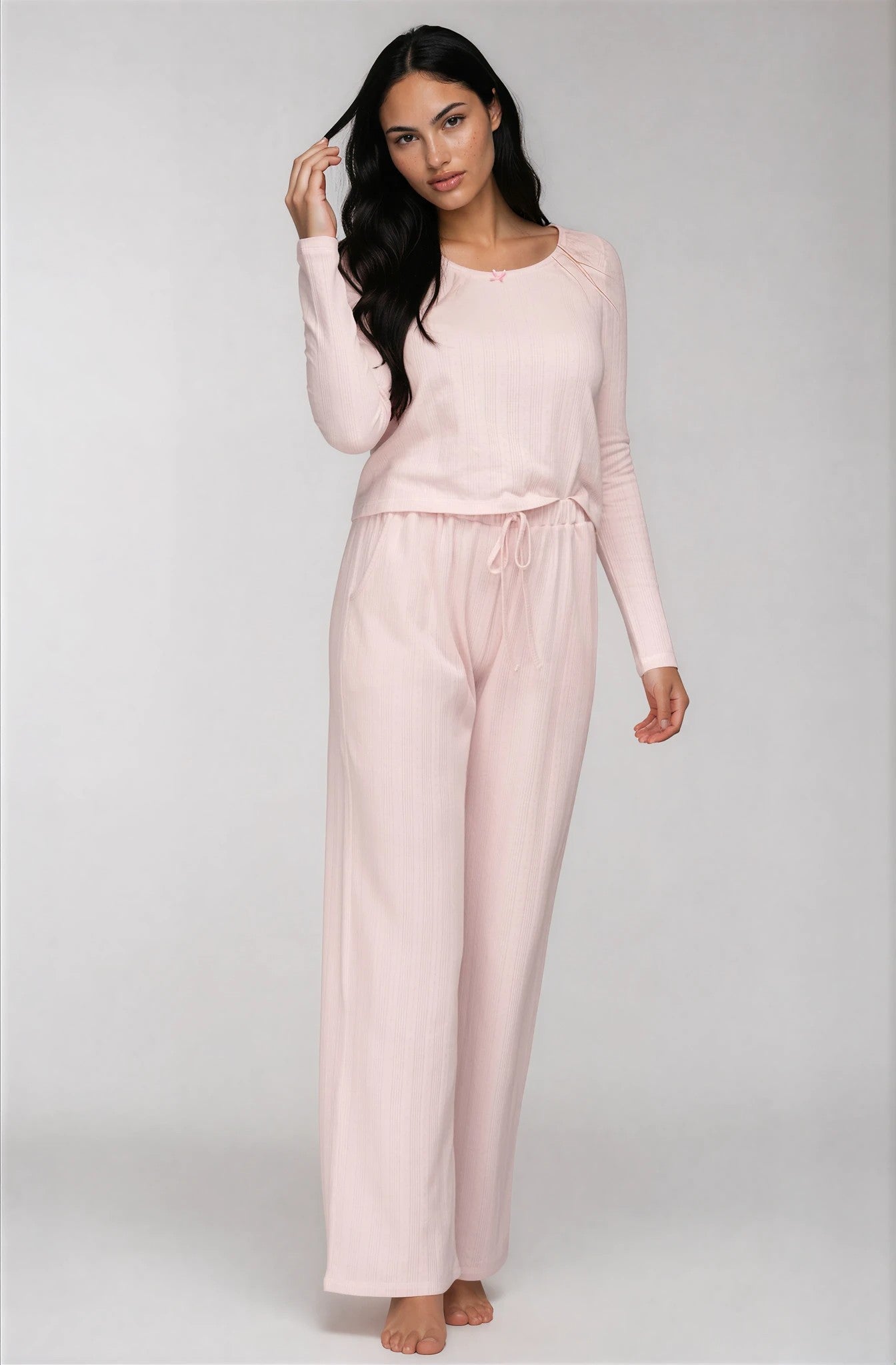 Rosé Pointelle-Pyjama für Damen mit langem Arm