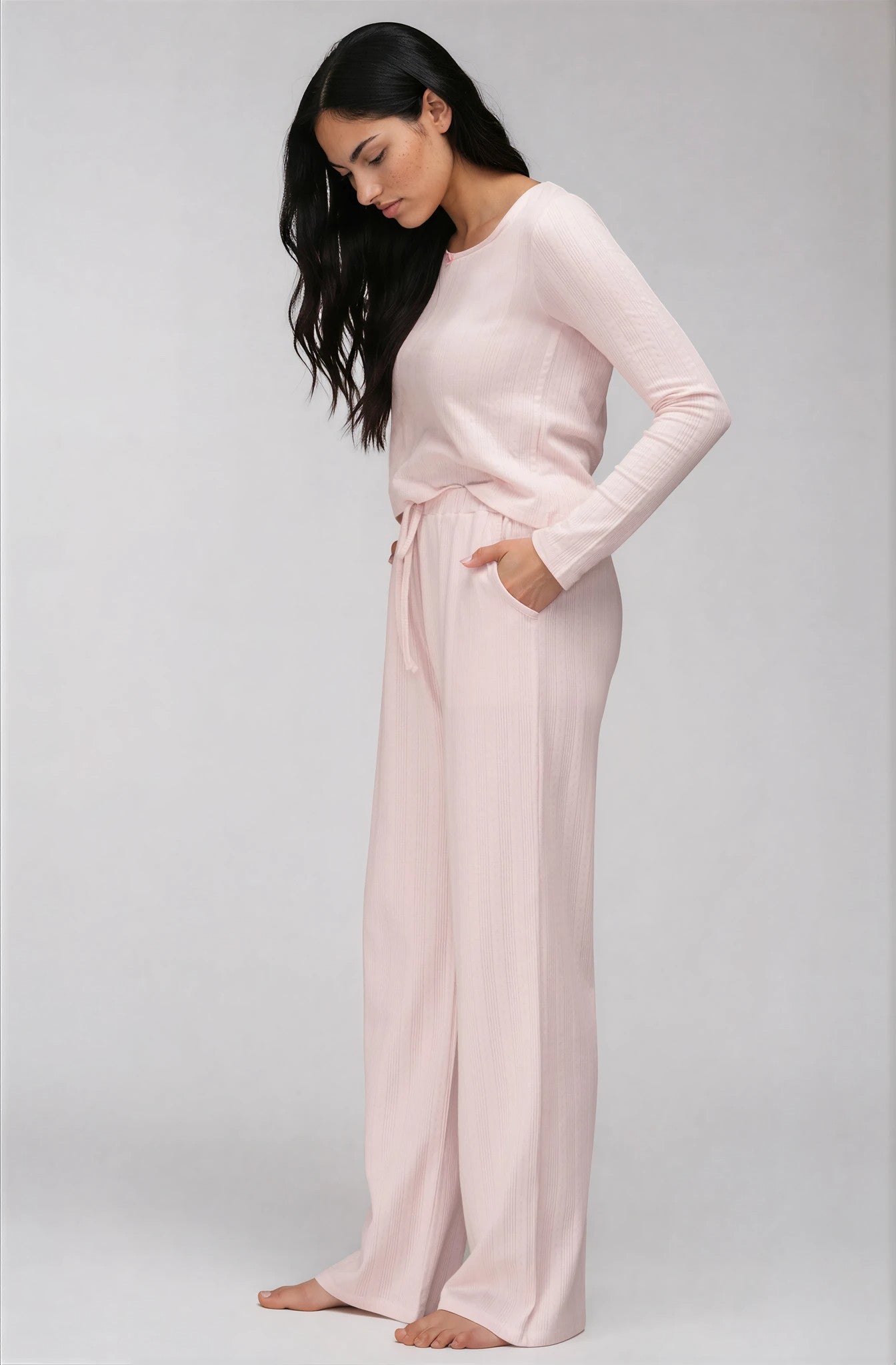 Rosé Pointelle-Pyjama für Damen mit langem Arm