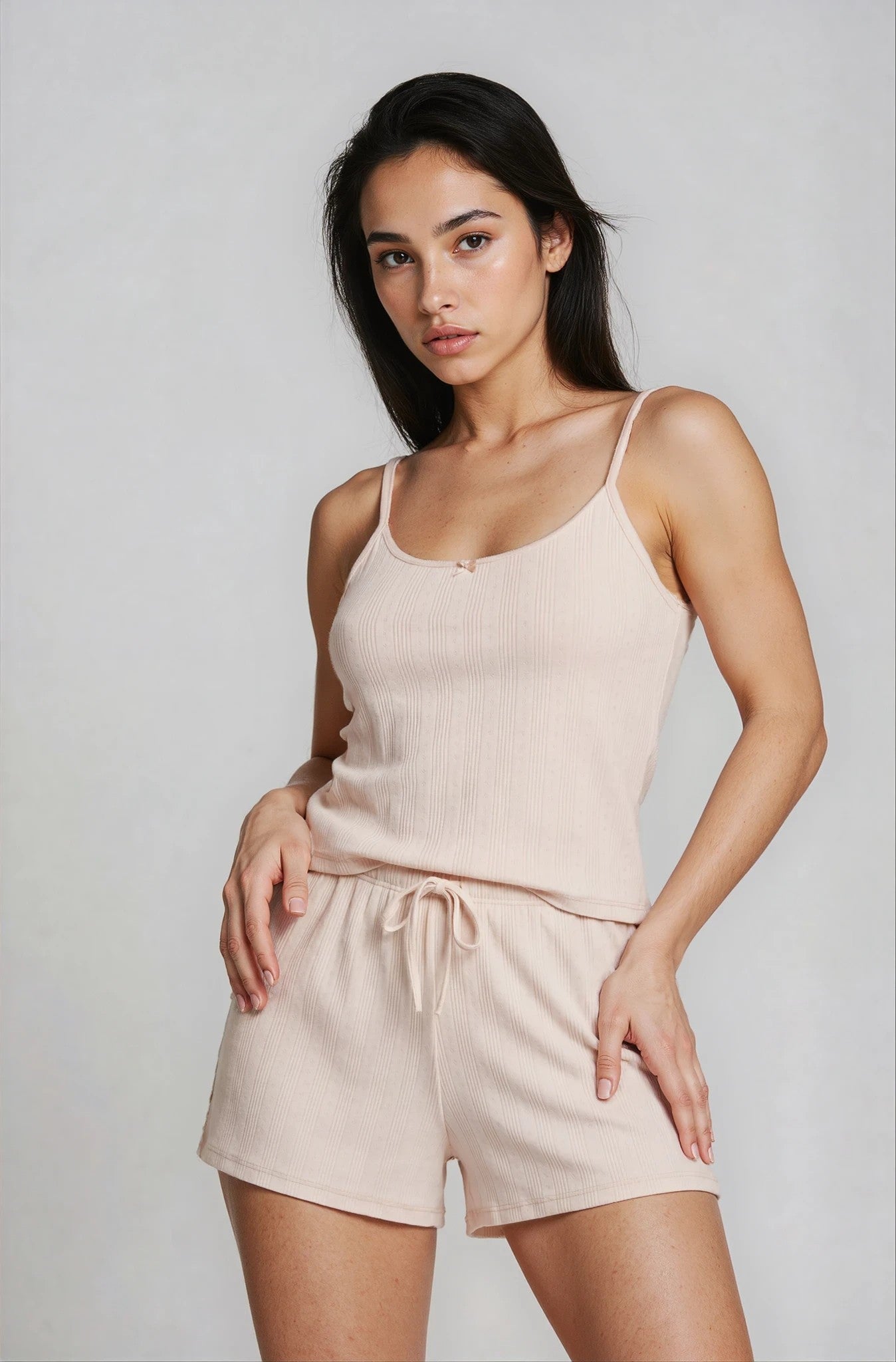 Shorty-Pyjama aus Pointelle-Baumwolle in Naturbeige